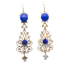 Victorian Lapis Lazuli and Diamond Filigree Drop Earrings