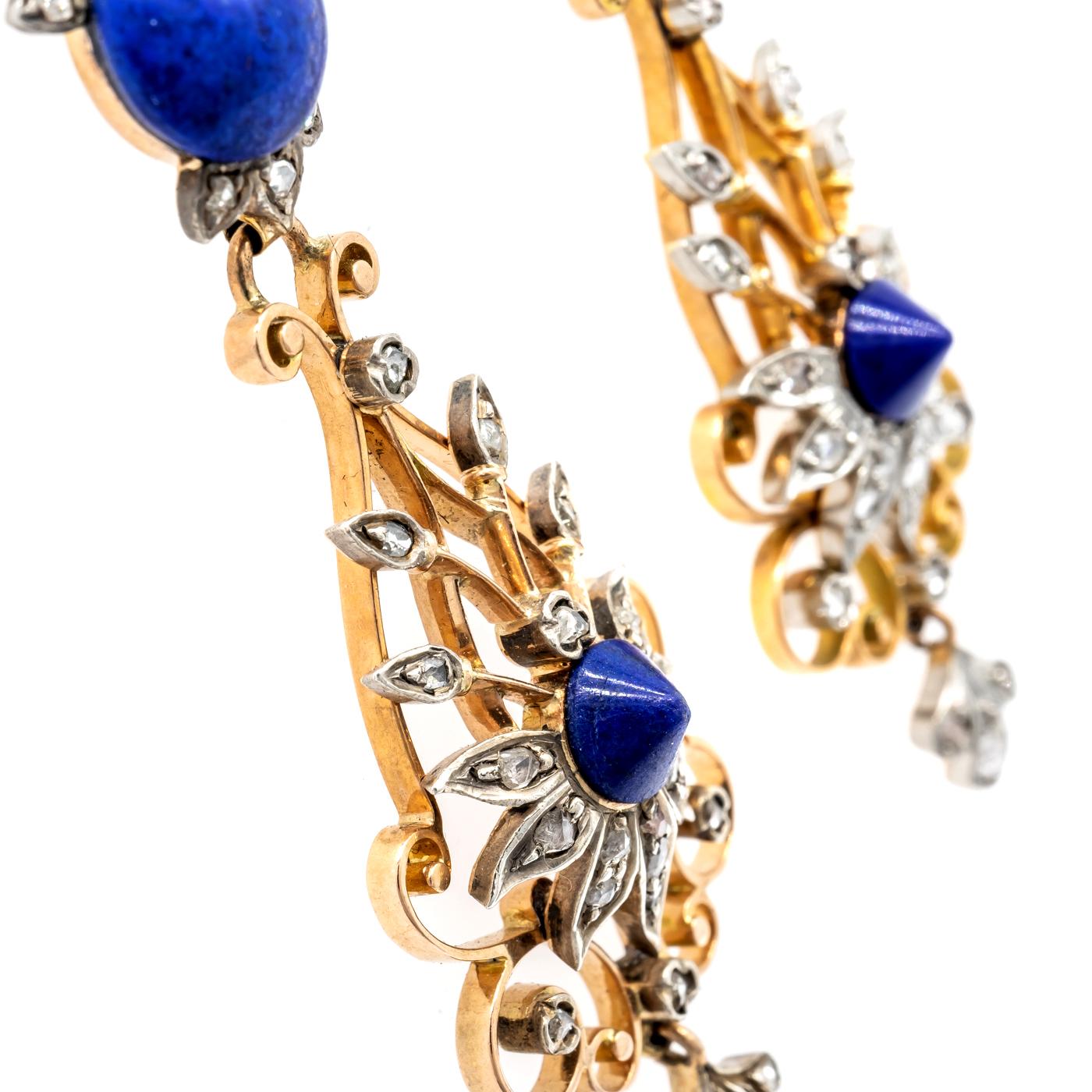 Rose Cut Victorian Lapis Lazuli and Diamond Filigree Drop Earrings For Sale