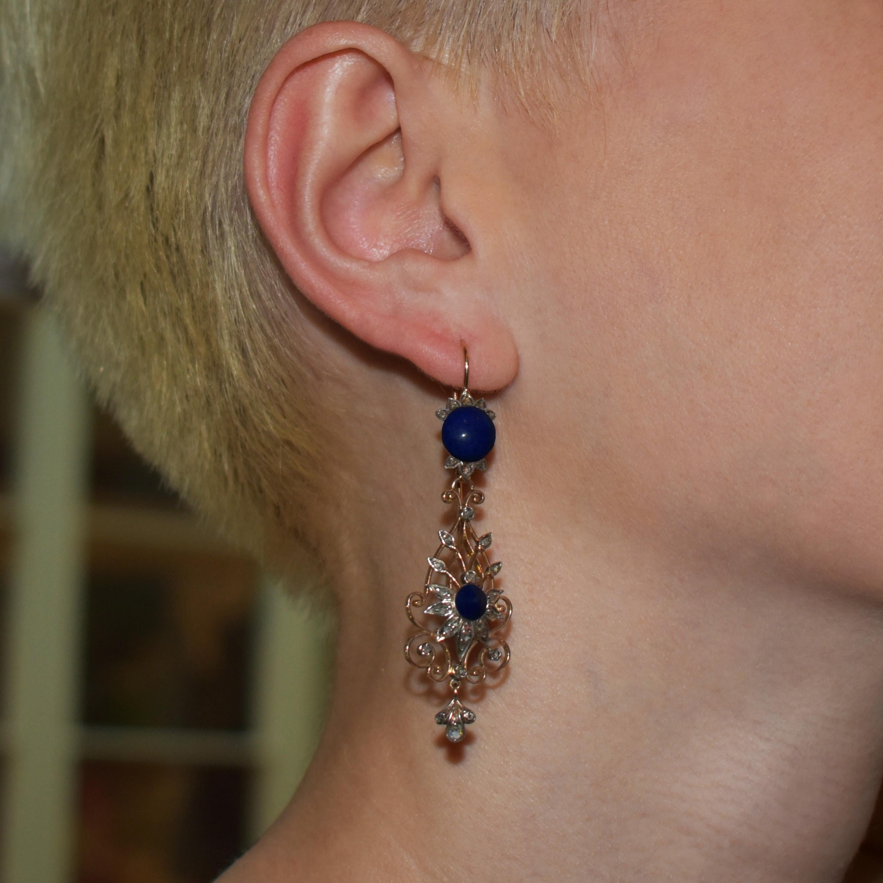 Victorian Lapis Lazuli and Diamond Filigree Drop Earrings In Good Condition For Sale In London, GB