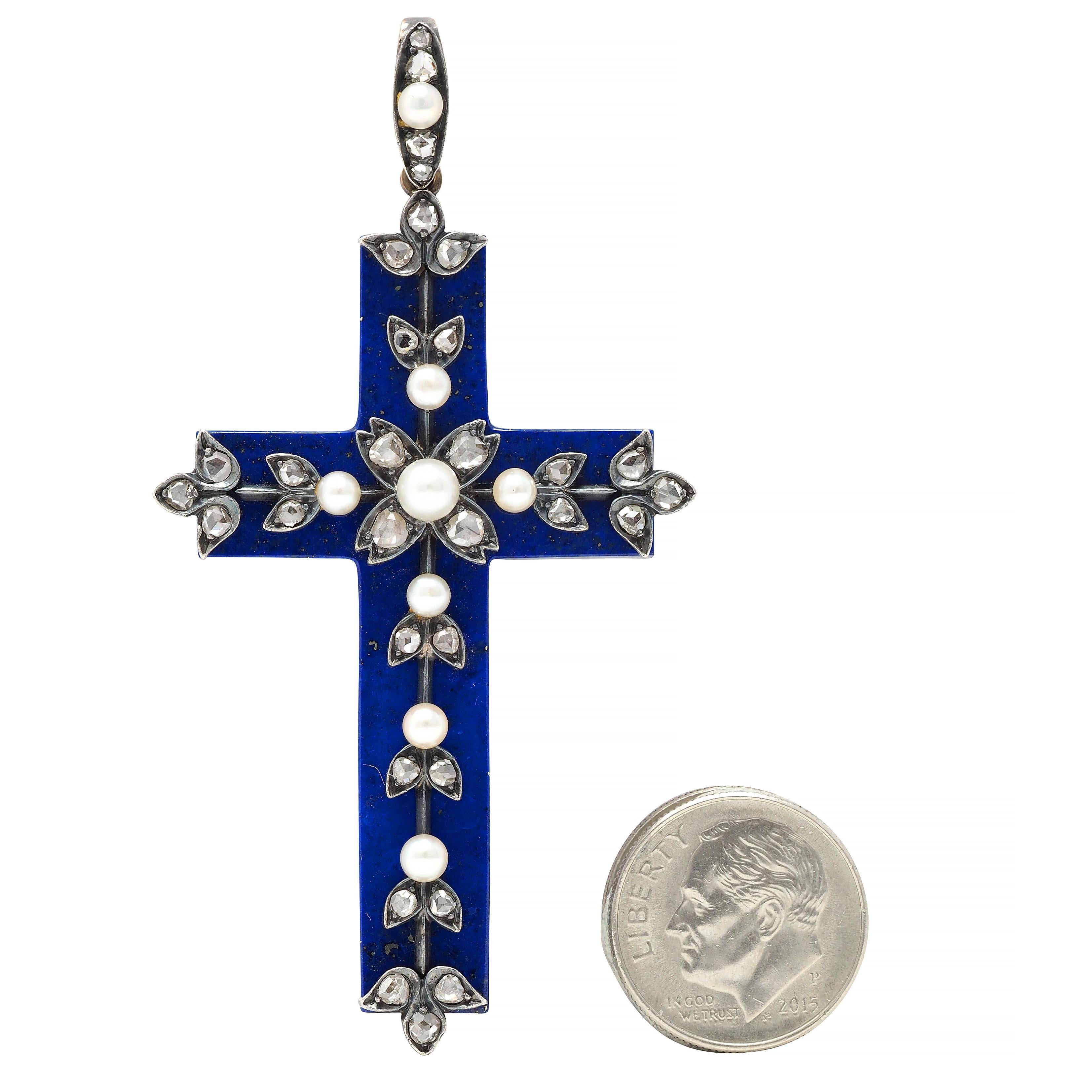 Victorian Lapis Lazuli Pearl Diamond 14 Karat Gold Silver Antique Cross Pendant For Sale 1