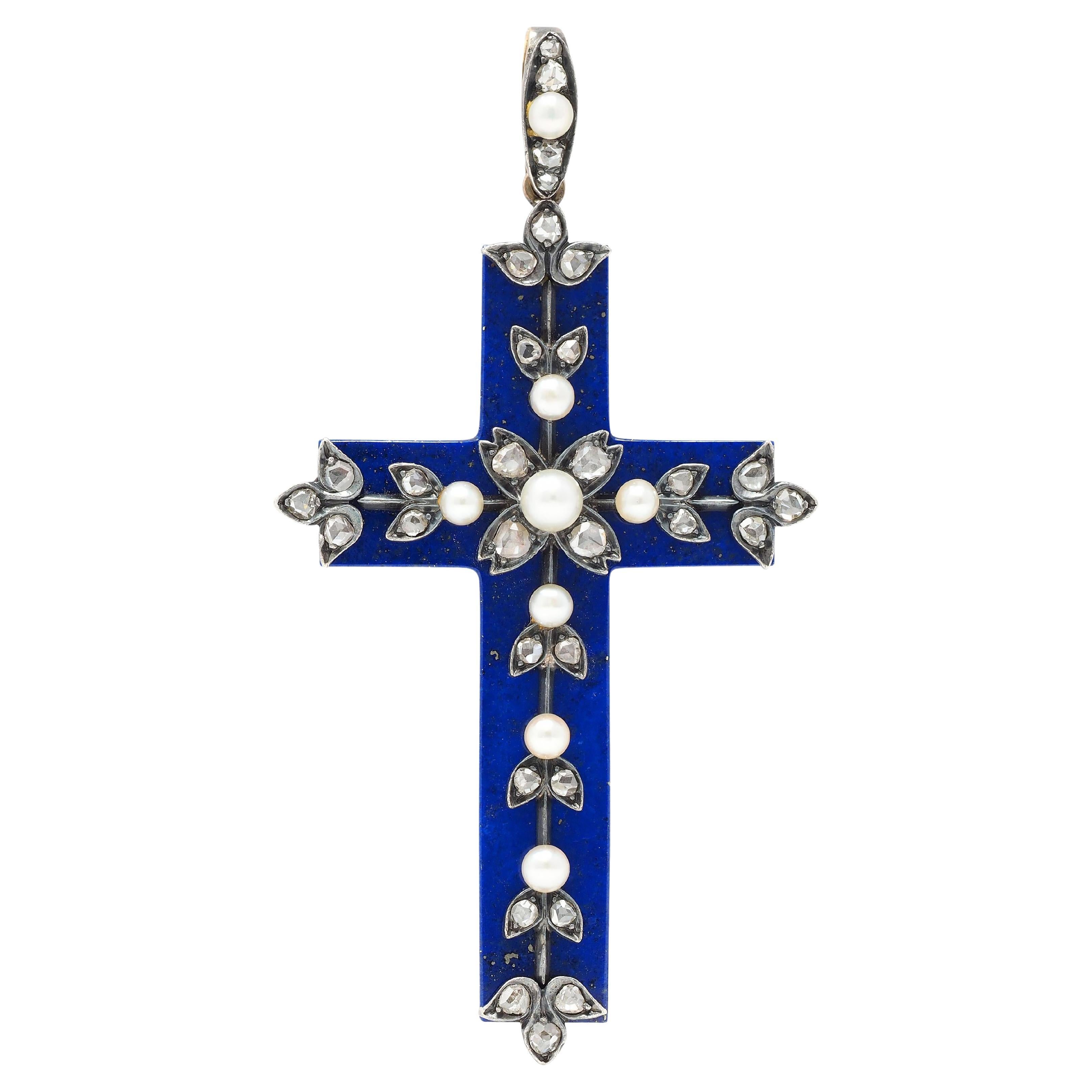 Victorian Lapis Lazuli Pearl Diamond 14 Karat Gold Silver Antique Cross Pendant For Sale
