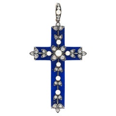 Victorien Lapis Lazuli Pearl Diamond 14 Karat Gold Silver Antique Cross Pendentif