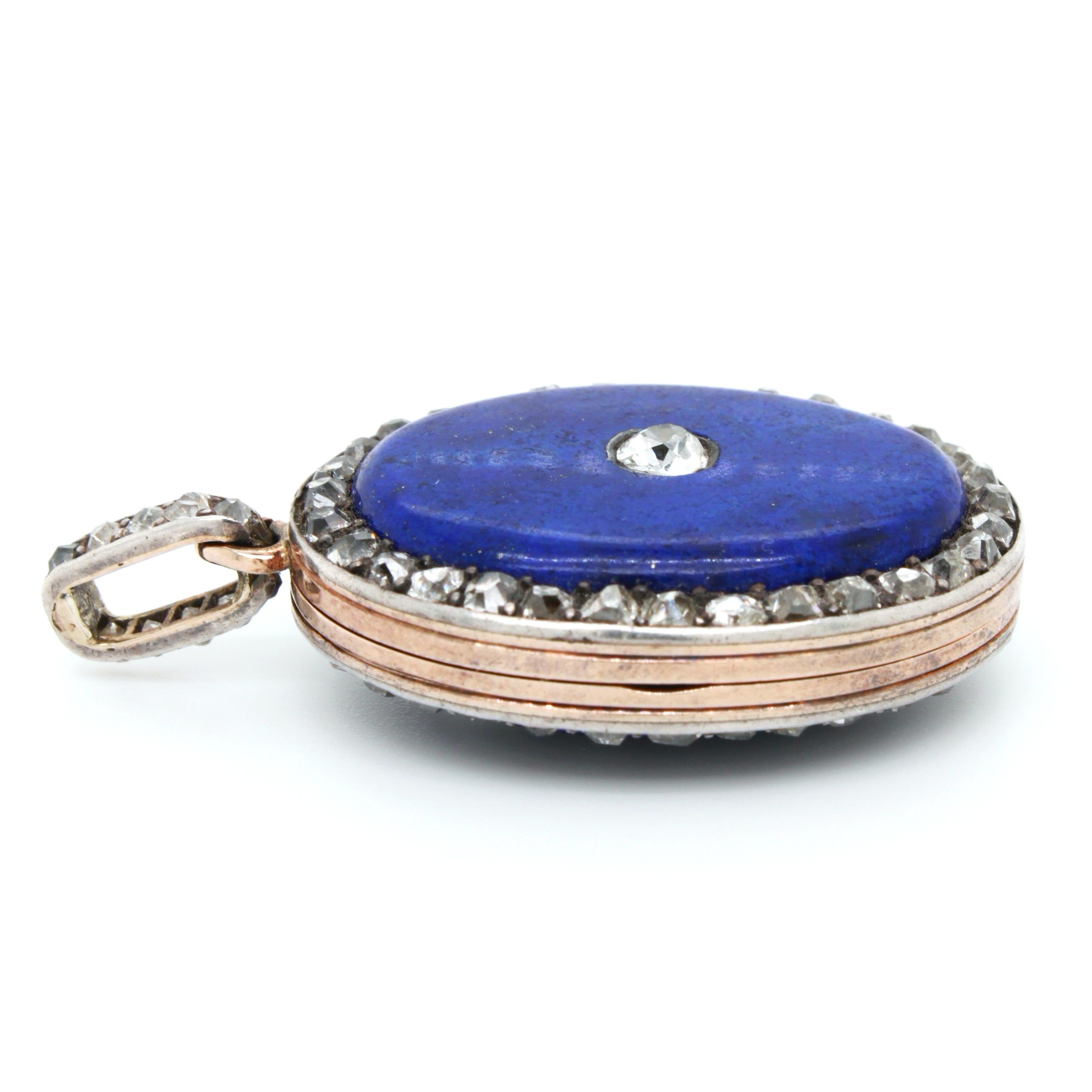 Victorian Lapis and Diamond Locket Pendant, circa 1880s In Good Condition In Idar-Oberstein, DE