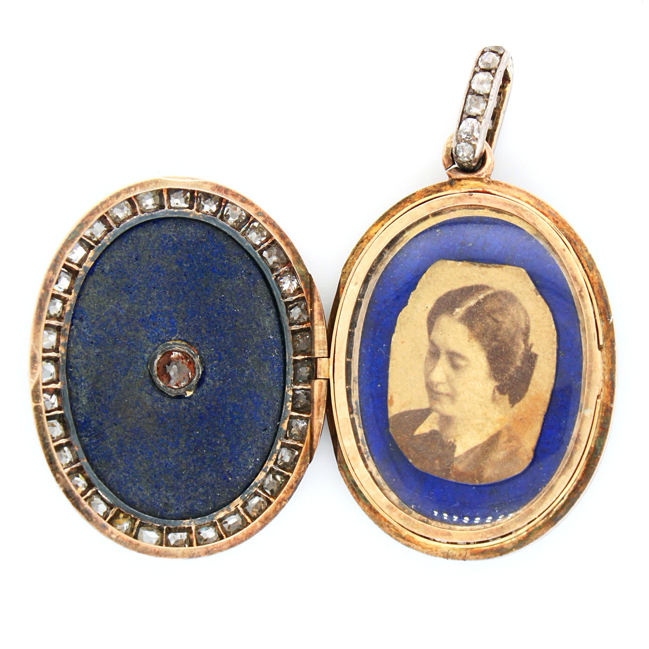 Victorian Lapis and Diamond Locket Pendant, circa 1880s 1