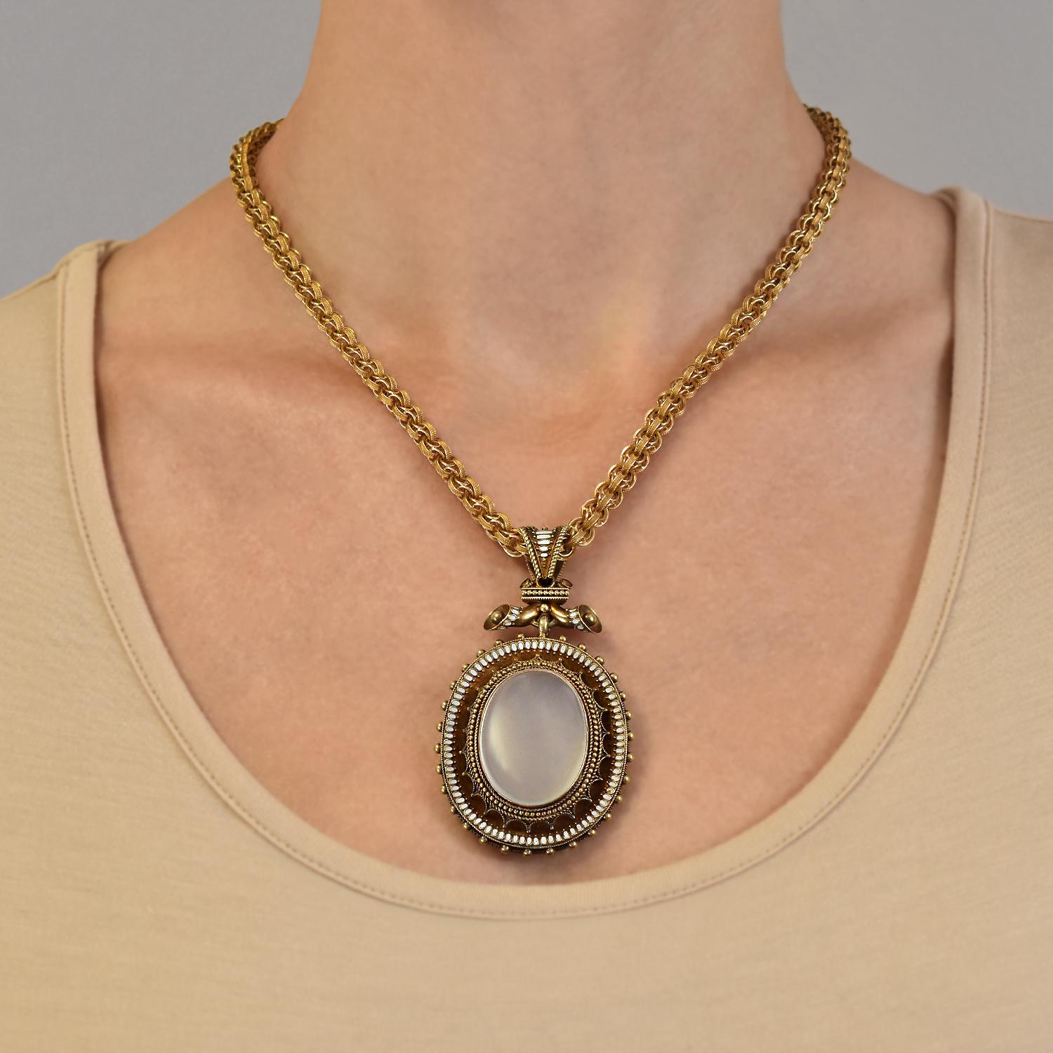 Victorian Large 18 Karat Enameled and Moonstone Pendant Necklace In Good Condition For Sale In Narberth, PA