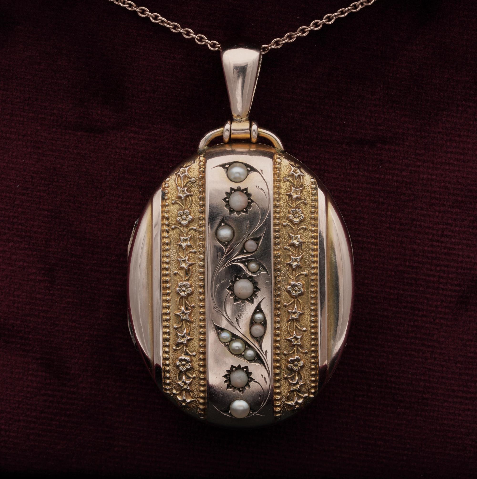 Secret Keeper

An impressive Victorian era locket , made of solid 18 KT gold, tested
Beautifully decorated with embossed flowers on matt gold beside a centre panel engraved with naturalistic Flower and leaf work enhanced with Split Pearls and Coral