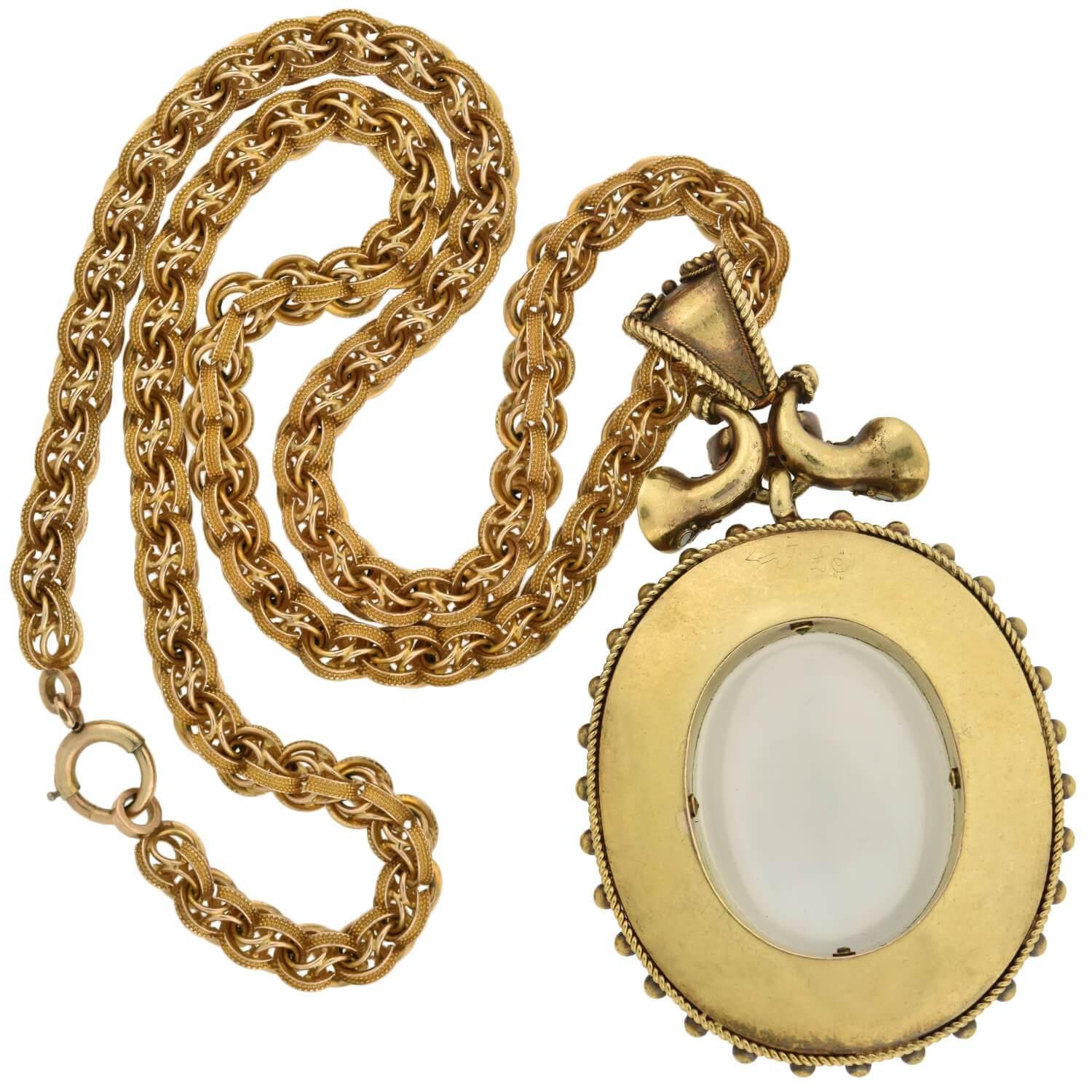 Cabochon Victorian Large 18 Karat Enameled and Moonstone Pendant Necklace For Sale