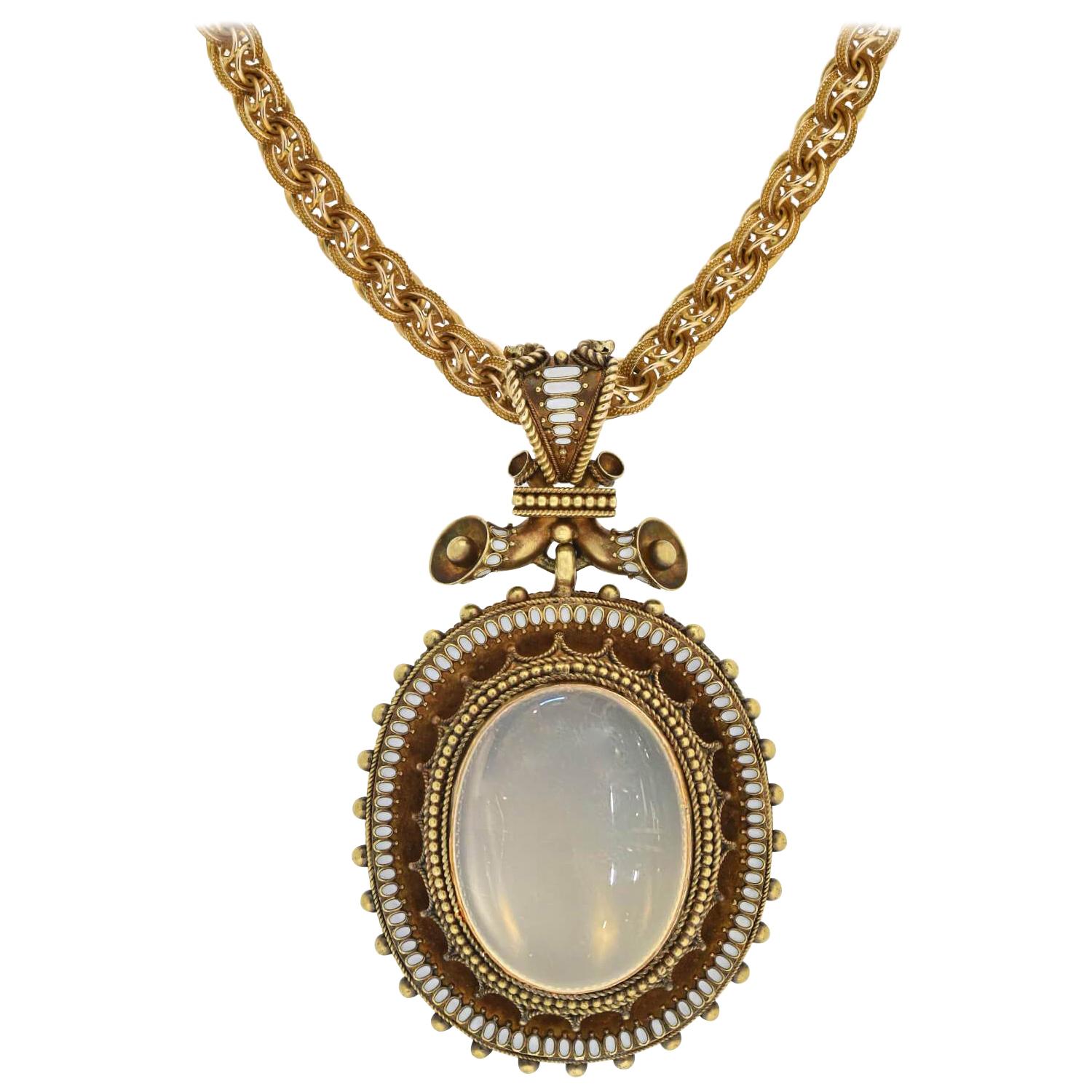 Viktorianische große 18 Karat emaillierte Halskette mit Mondstein-Anhänger