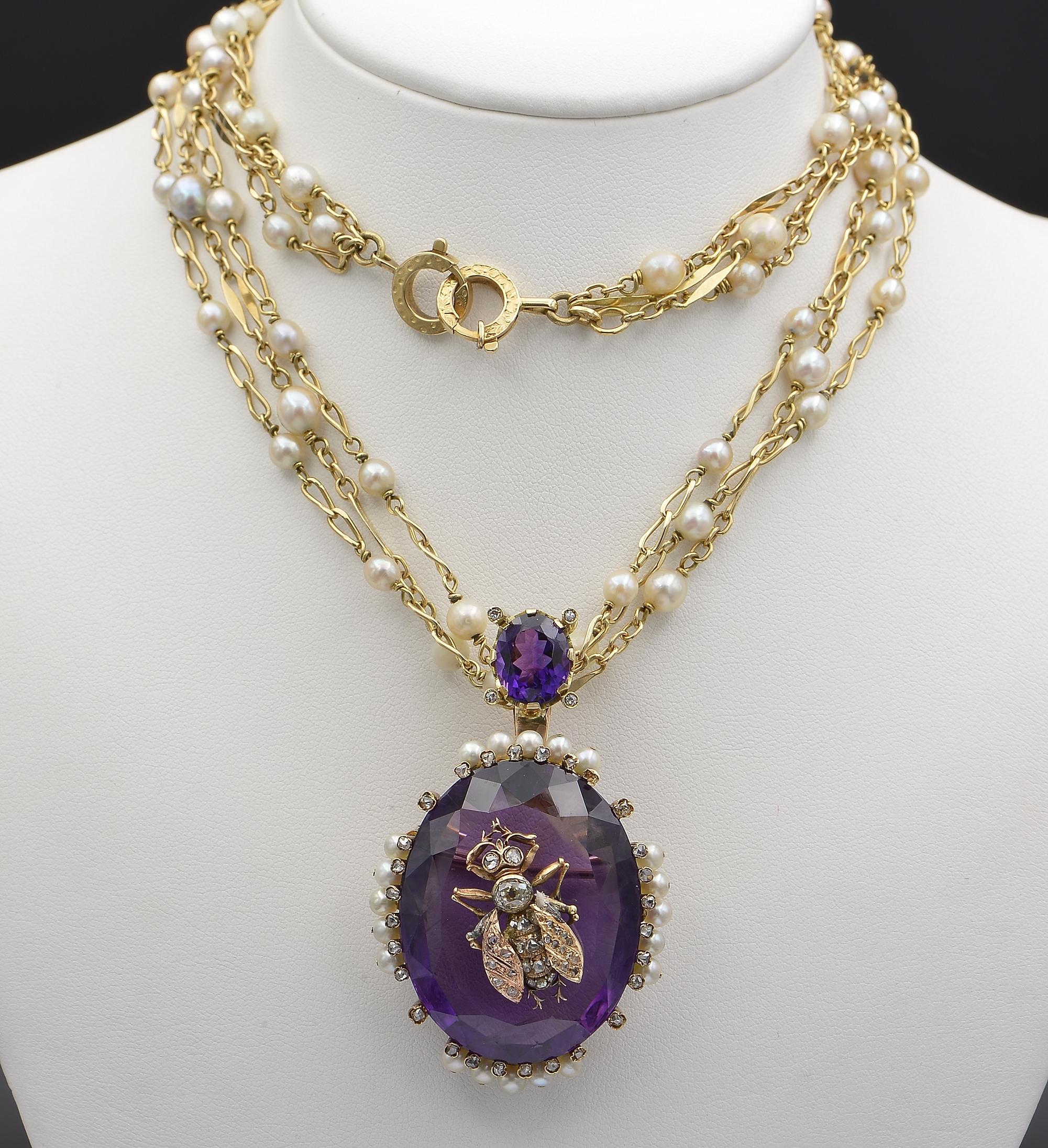 Outstanding necklace from the Victorian period, comes completed with  Pearl chain, possibly slightly later
Large amazing centre piece which can be brooch as well as pendant –  97.40 Ct Siberian Amethyst 37 mm. x 29 mm.) topped by a smaller Amethyst