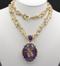 Victorian Large Amethyst Diamond Fly Pearl Chain Necklace