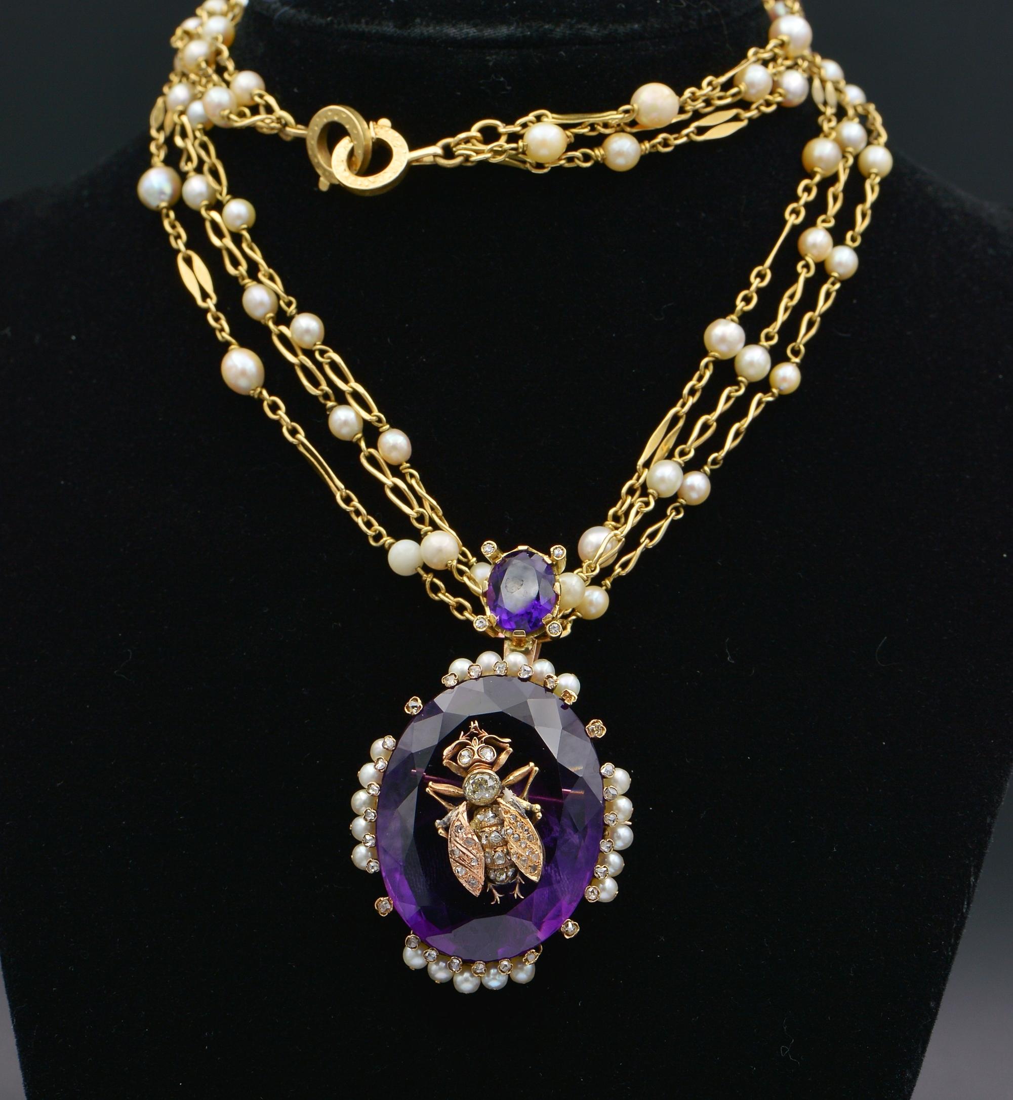 Oval Cut Victorian Large Amethyst Diamond Fly Pearl Chain Necklace For Sale