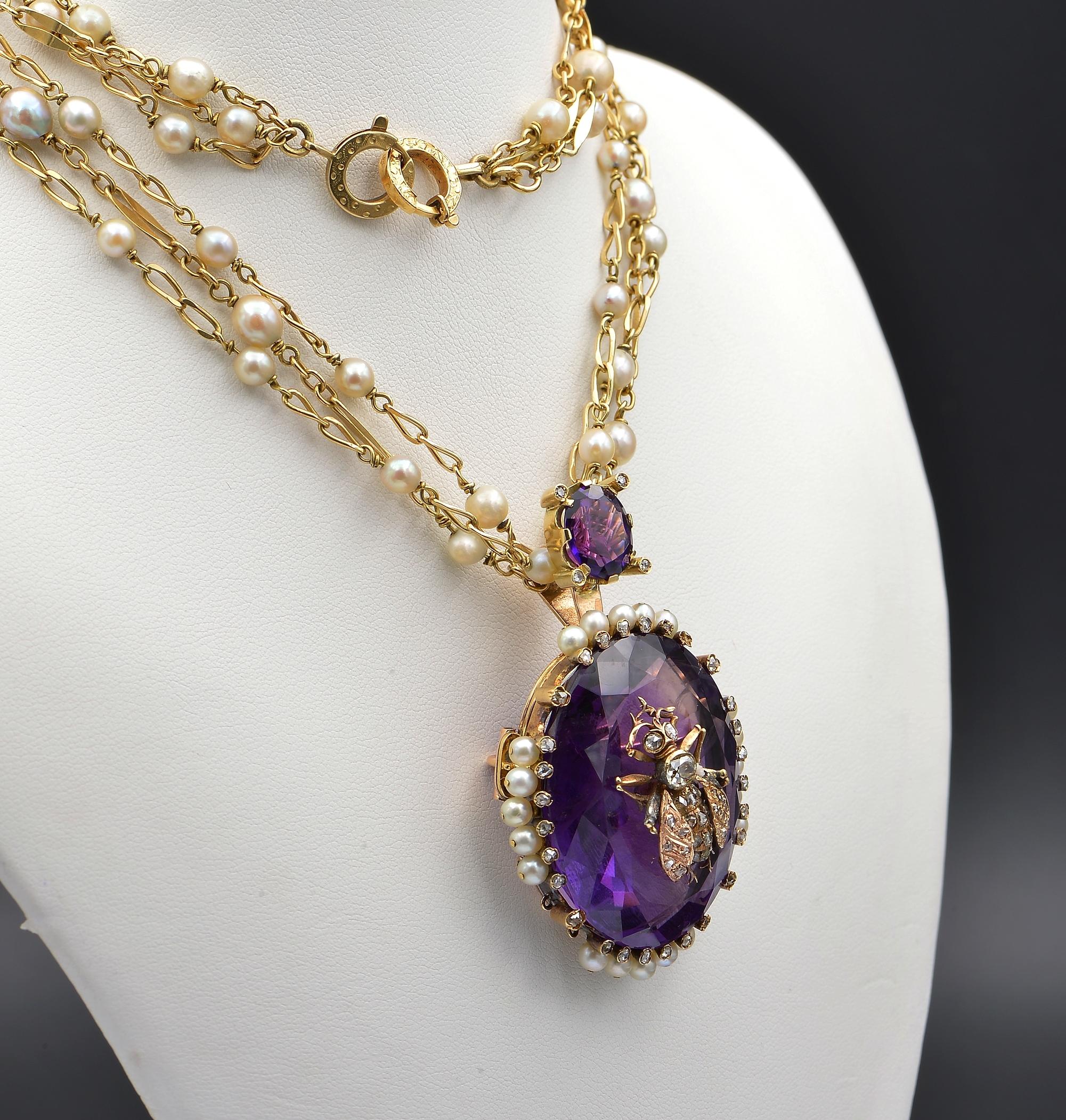 Victorian Large Amethyst Diamond Fly Pearl Chain Necklace In Good Condition For Sale In Napoli, IT