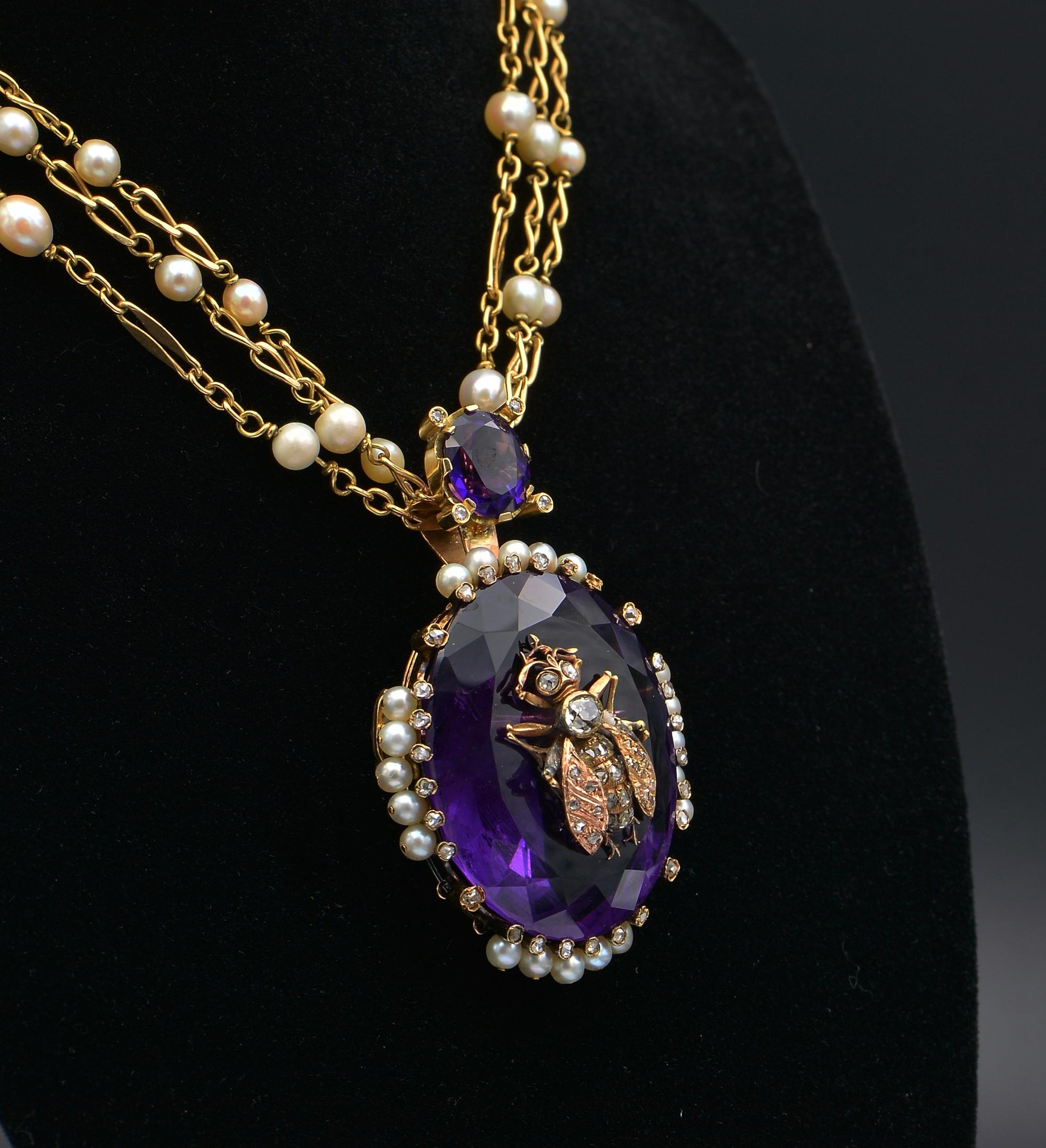 Women's Victorian Large Amethyst Diamond Fly Pearl Chain Necklace For Sale