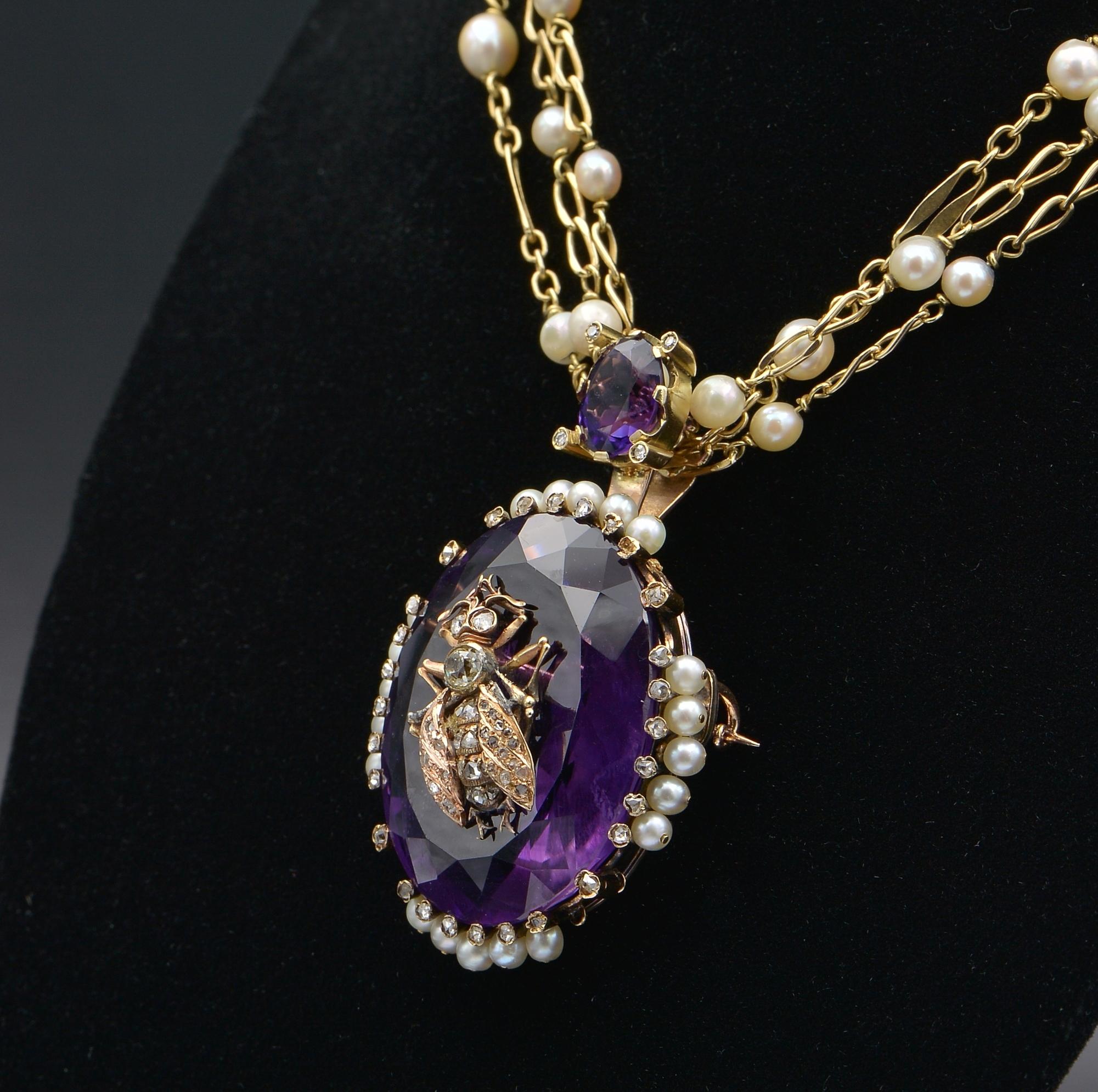 Victorian Large Amethyst Diamond Fly Pearl Chain Necklace For Sale 1