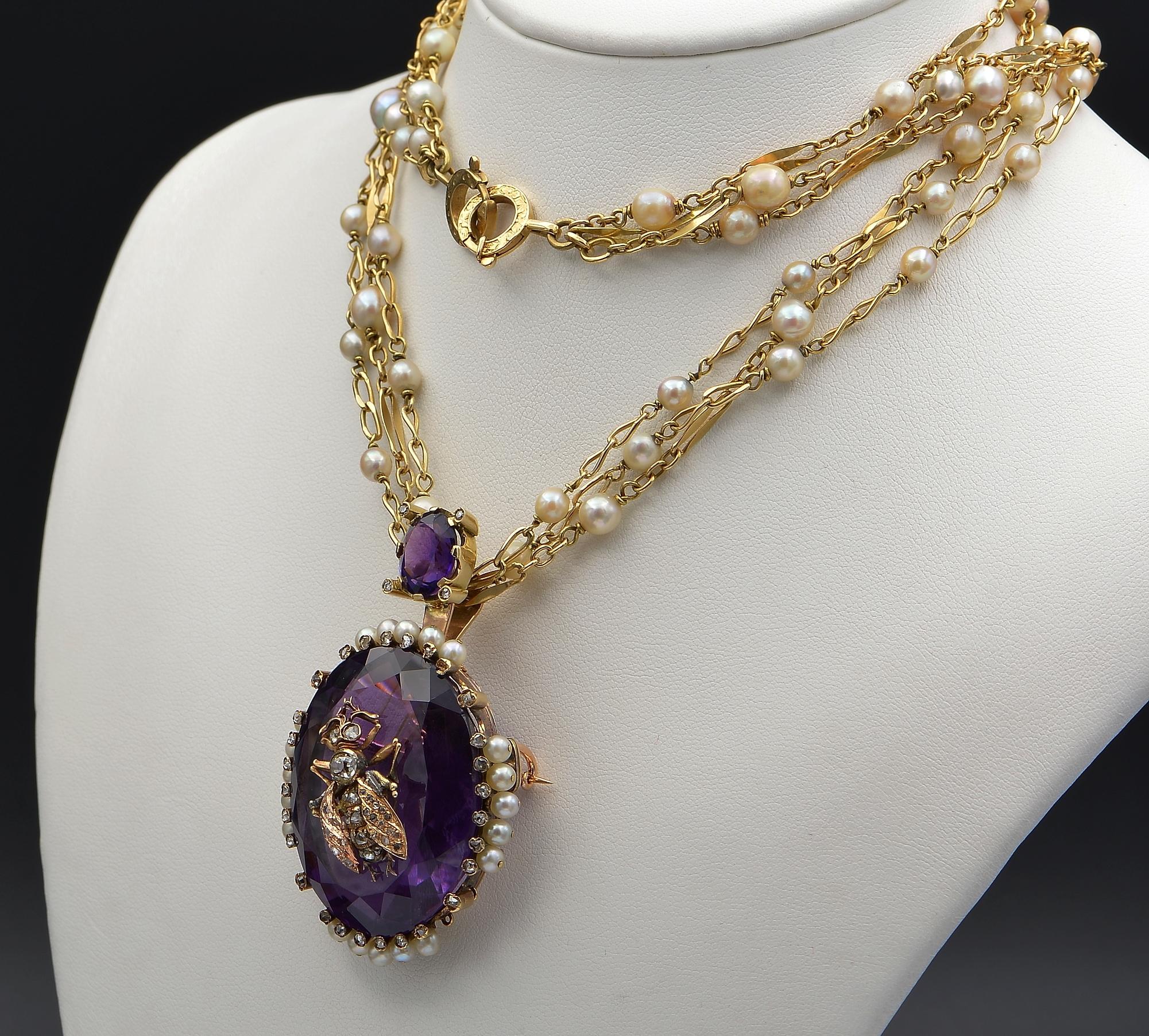 Victorian Large Amethyst Diamond Fly Pearl Chain Necklace For Sale 2