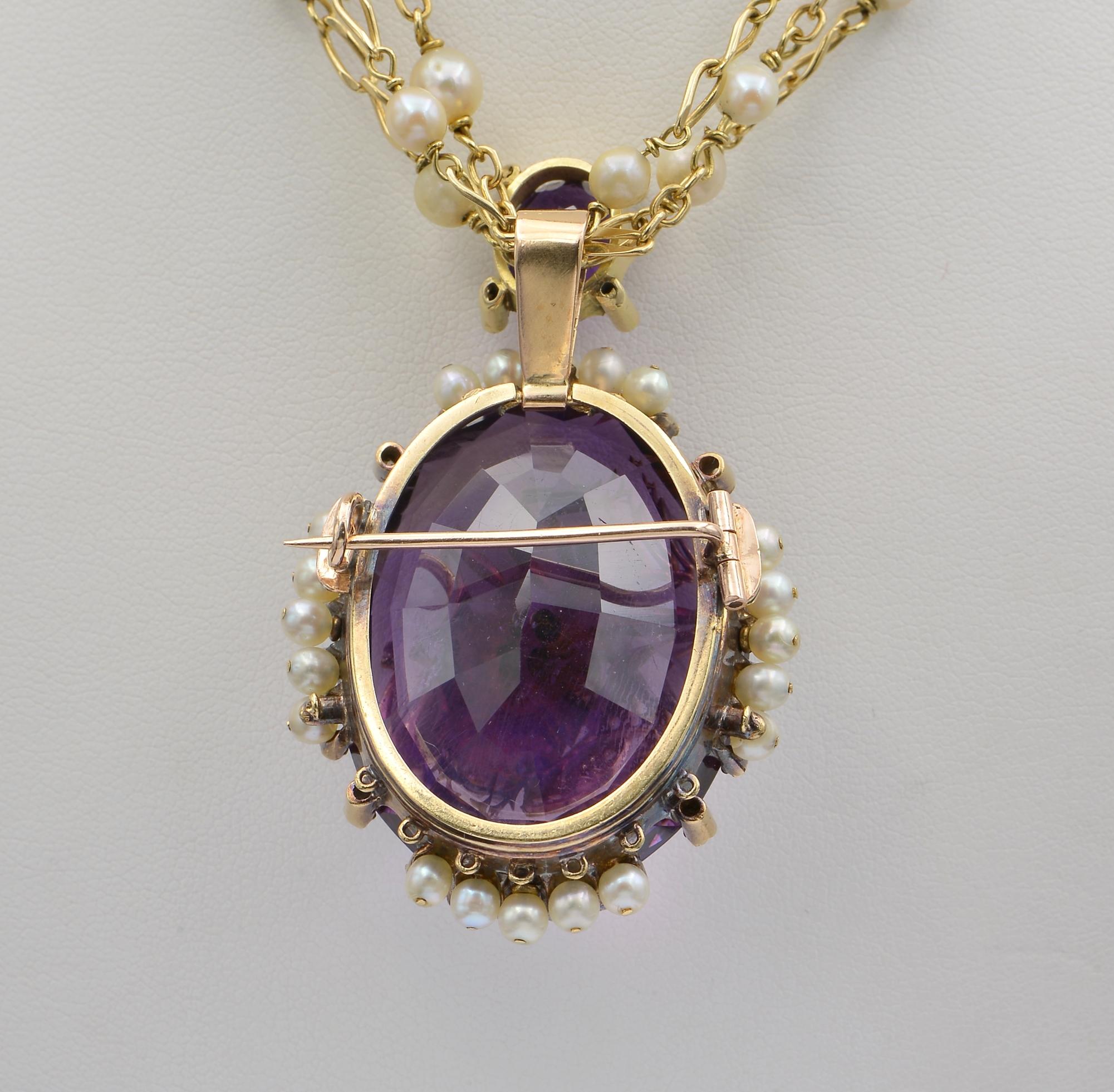 Victorian Large Amethyst Diamond Fly Pearl Chain Necklace For Sale 3