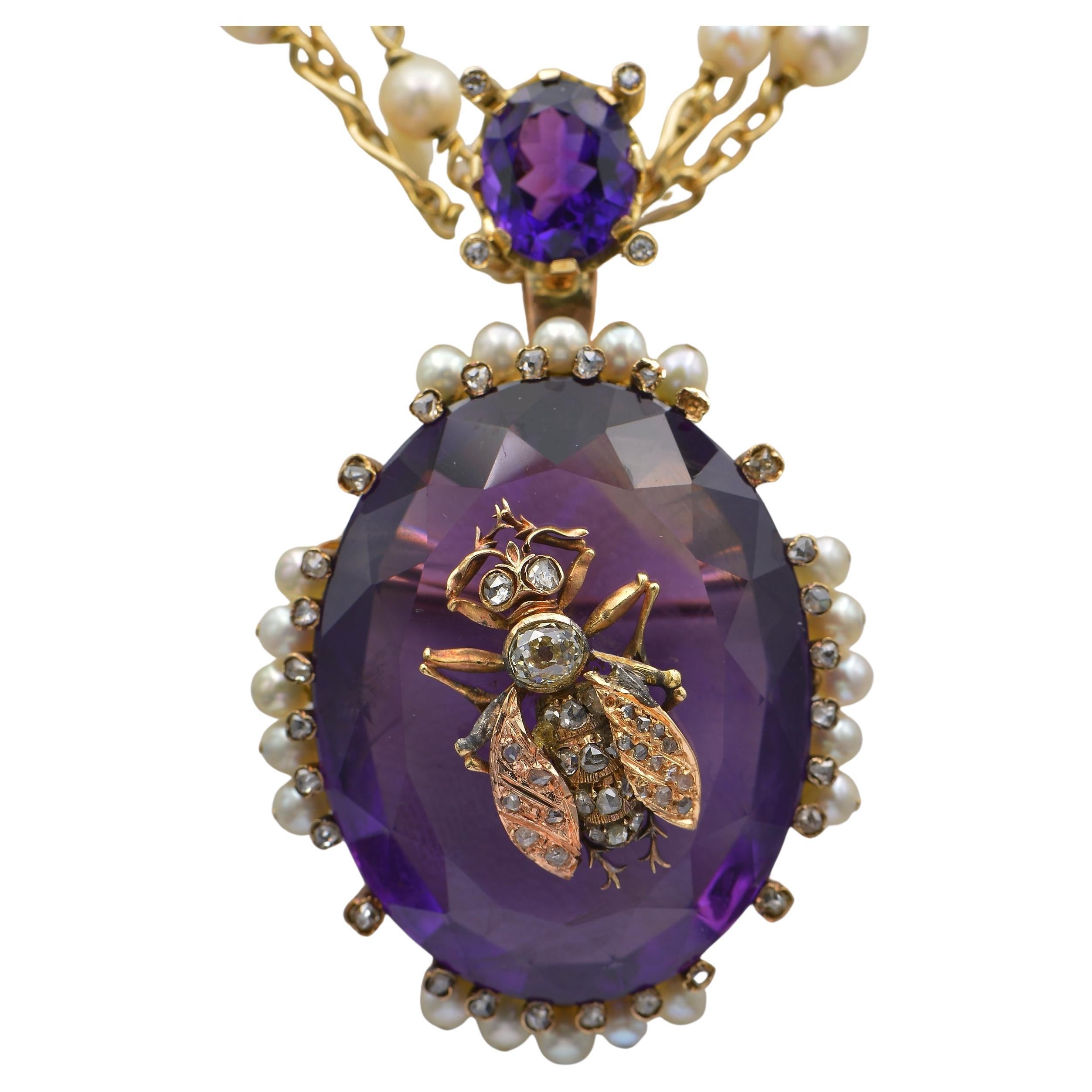 Victorian Large Amethyst Diamond Fly Pearl Chain Necklace For Sale
