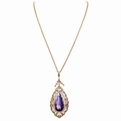 Victorian Large Amethyst Natural Pearl Gold Necklace