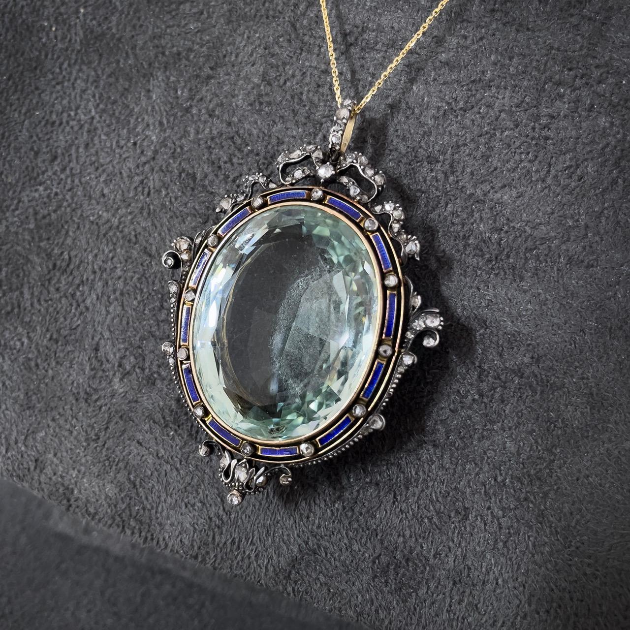 Early Victorian Victorian Large Aquamarine Diamond and Enamel Pendant, ca. 1860s For Sale