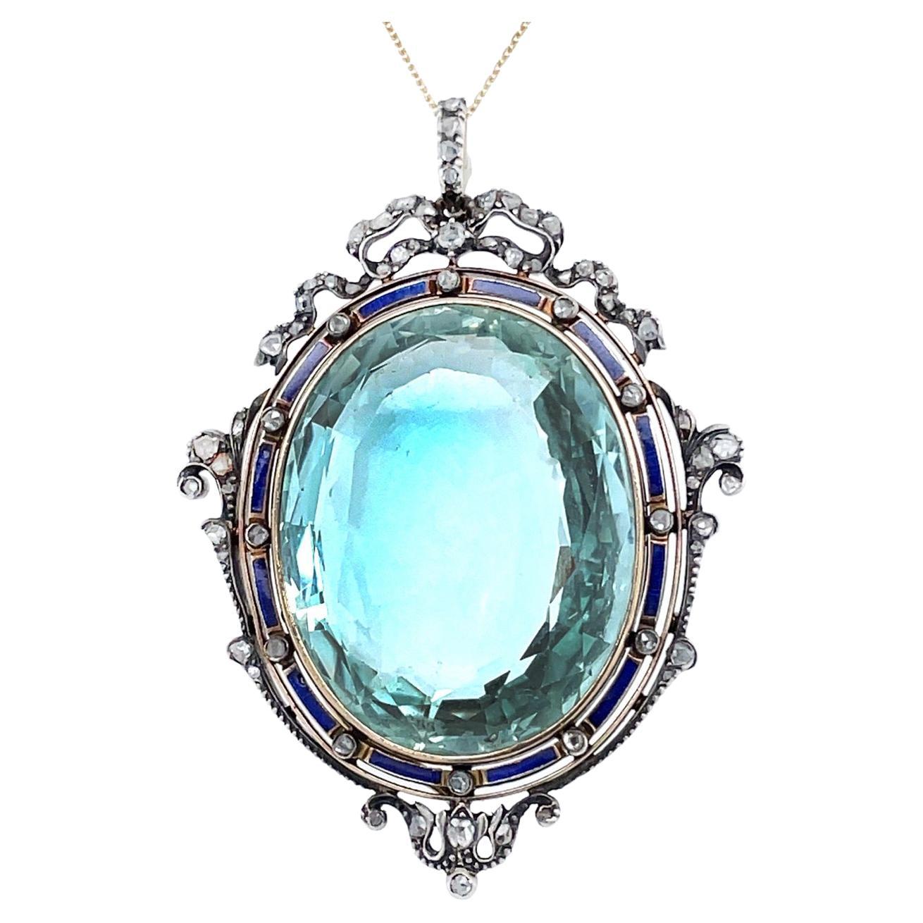 Victorian Large Aquamarine Diamond and Enamel Pendant, ca. 1860s For Sale
