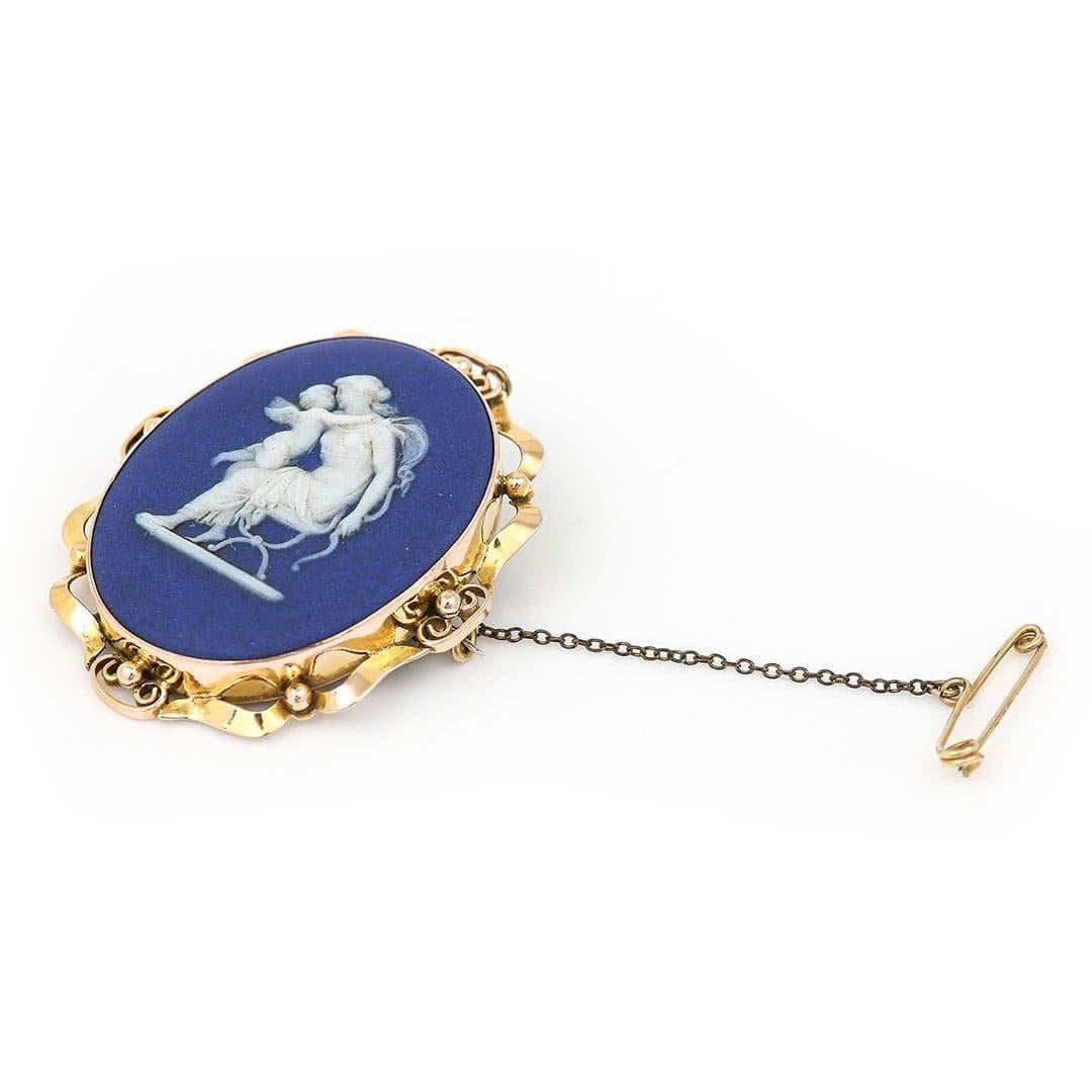 Late Victorian Victorian Large Blue Wedgwood Jasper Ware Diana and Cupid Brooch, circa 1890