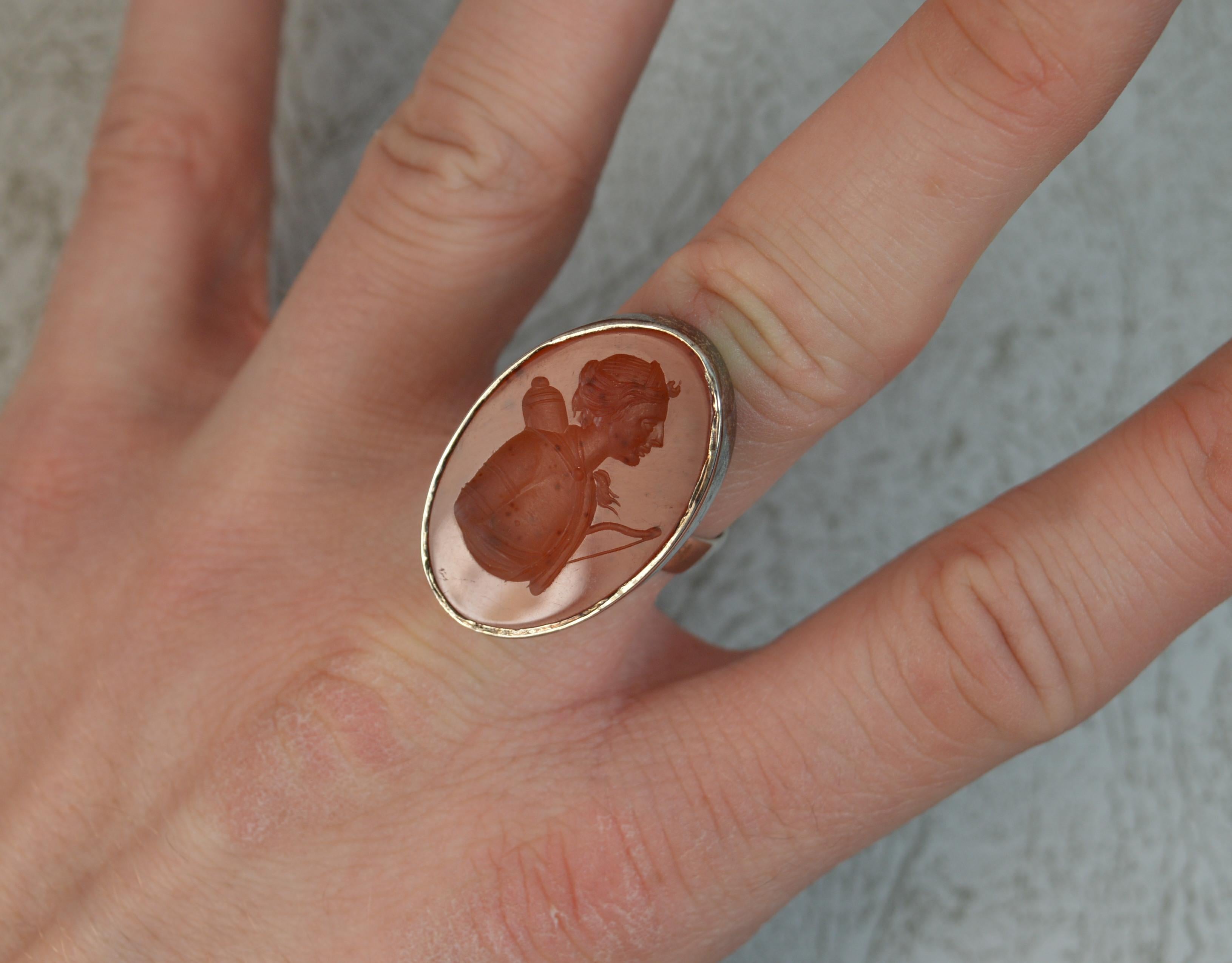 Victorian Large Carnelian Artemis Intaglio Agate Solid Silver Seal Ring In Good Condition In St Helens, GB