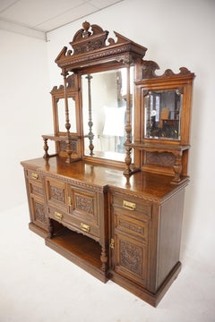 Victorian Large Carved Oak Mirror Back Sideboard Buffet, Scotland 1890, H189