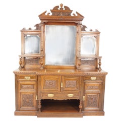 Victorian Large Carved Oak Mirror Back Sideboard Buffet, Scotland 1890, H189