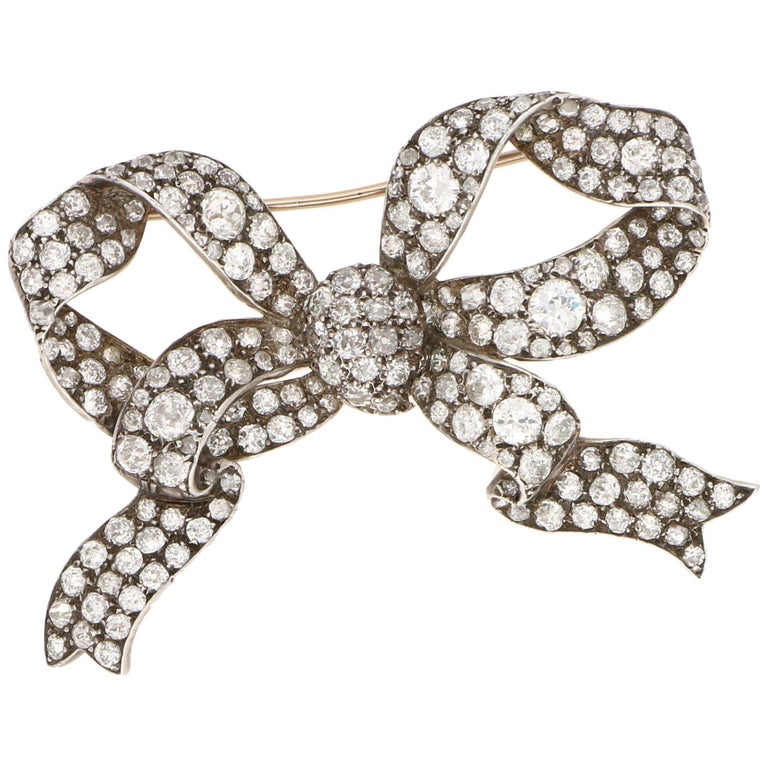Victorian Large Diamond Bow Ribbon Brooch Set in Silver on Gold For Sale