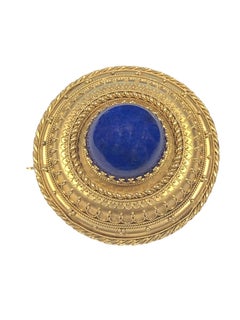 Victorian Large Etruscan Revival Gold and Lapis Brooch