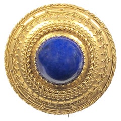 Victorian Large Etruscan Revival Gold and Lapis Brooch