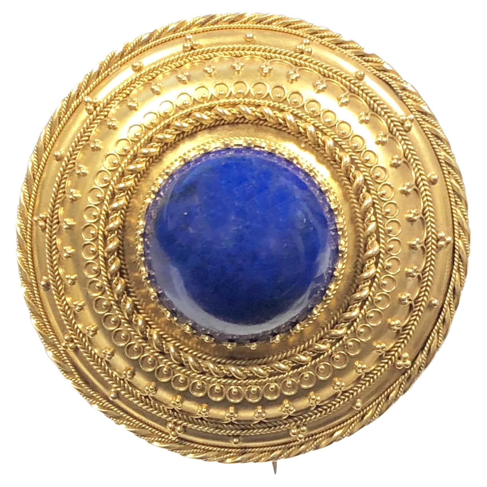 Victorian Large Etruscan Revival Gold and Lapis Brooch