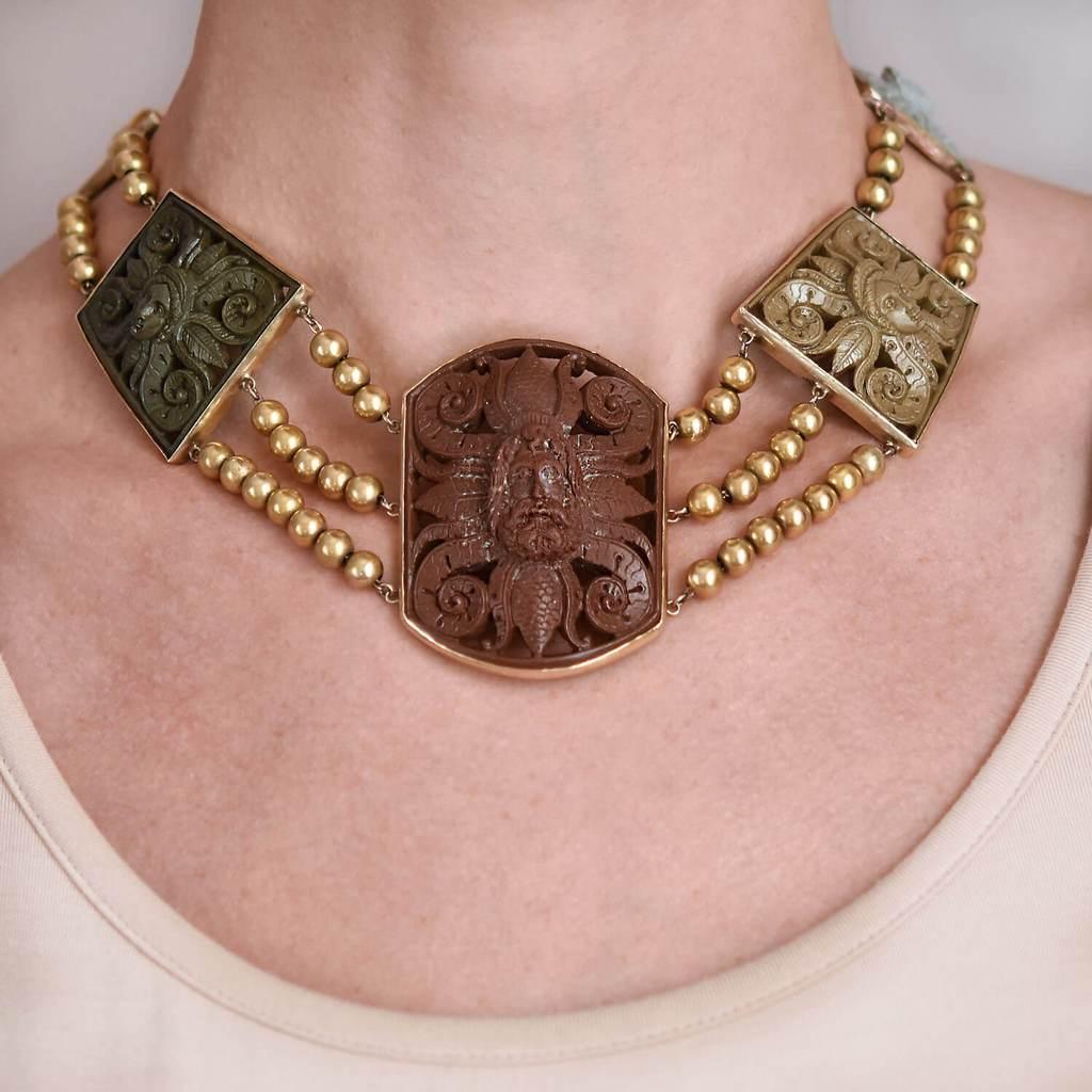 Victorian Large Hand Carved Lava Cameo Link Necklace For Sale 4