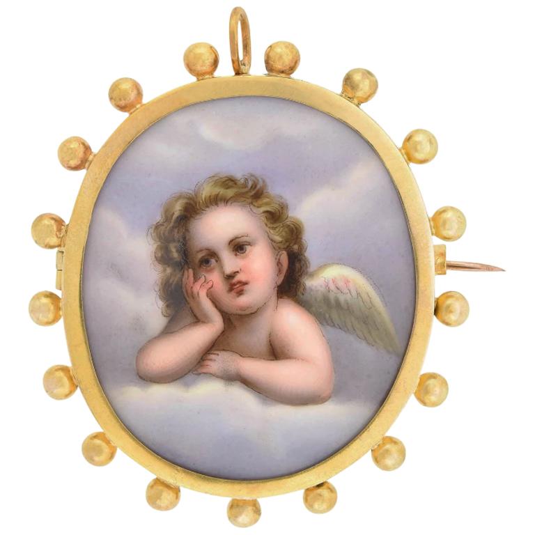 Victorian Large Hand Painted Porcelain Putti Cherub Pin/Pendant For Sale