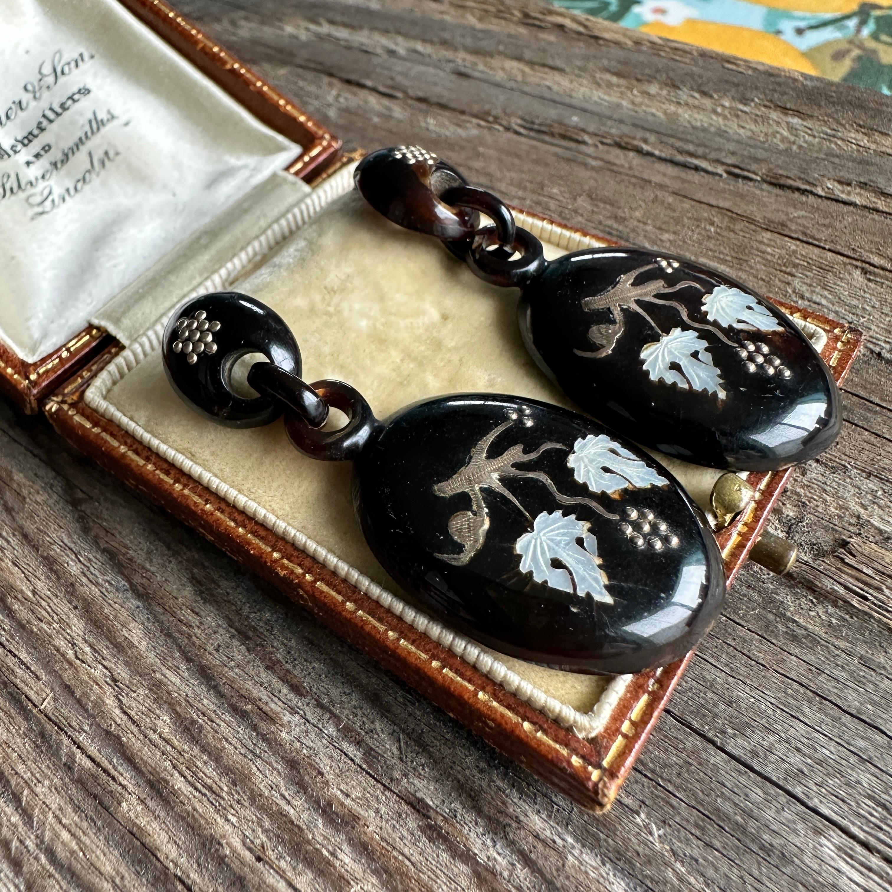 Victorian Large Inlay 9K Gold & Shell Earrings For Sale 6