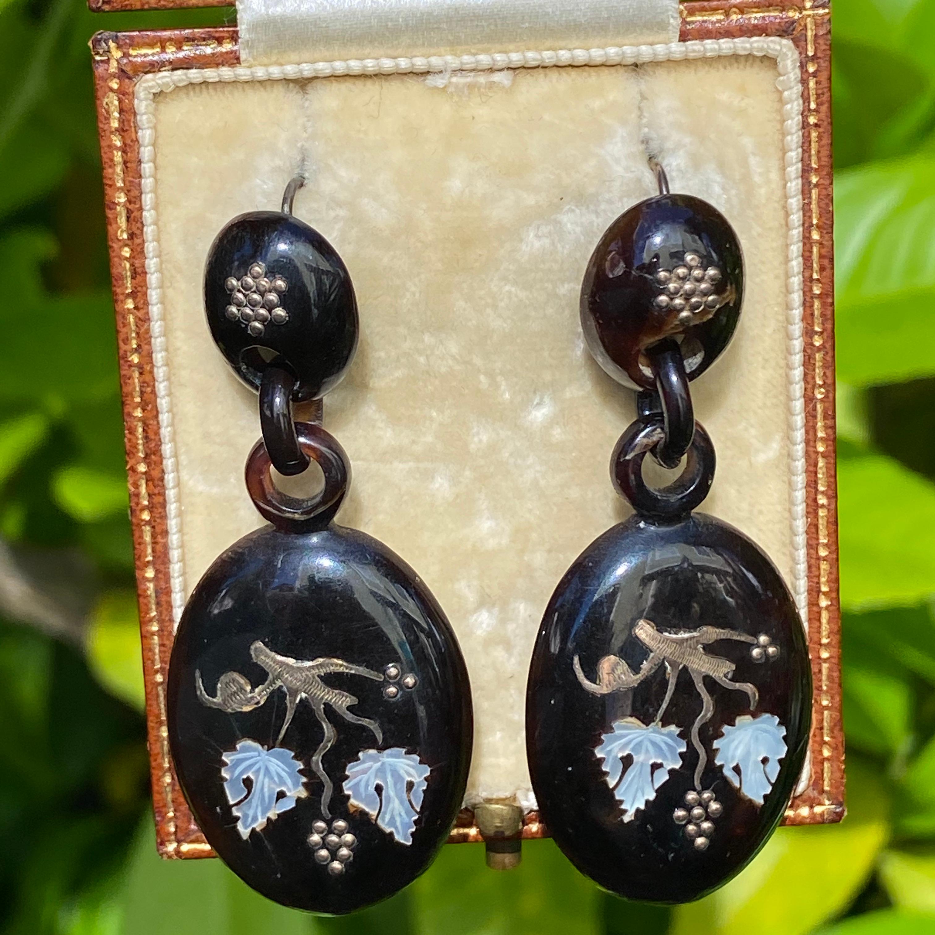 Victorian Large Inlay 9K Gold & Shell Earrings For Sale 10