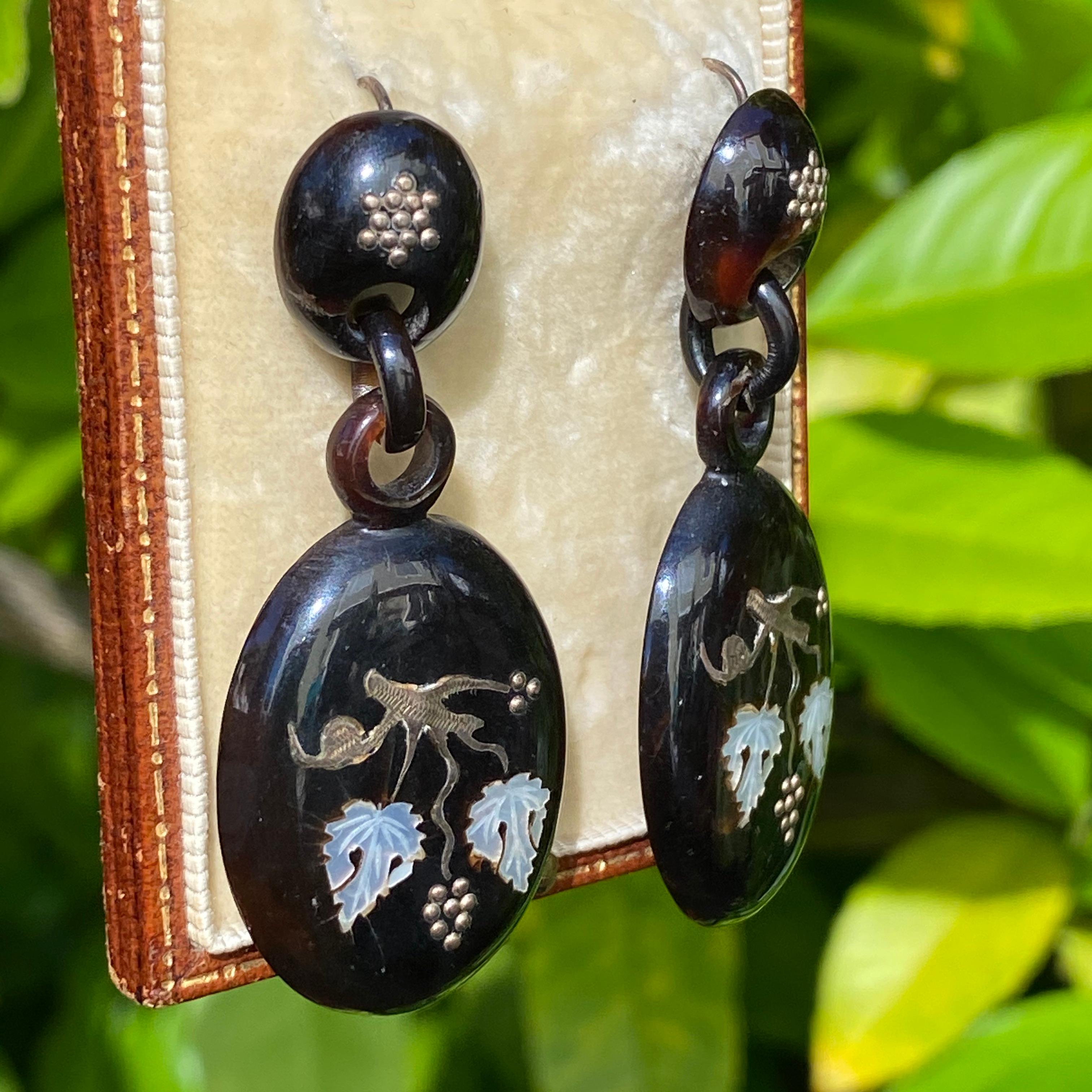 Victorian Large Inlay 9K Gold & Shell Earrings For Sale 11