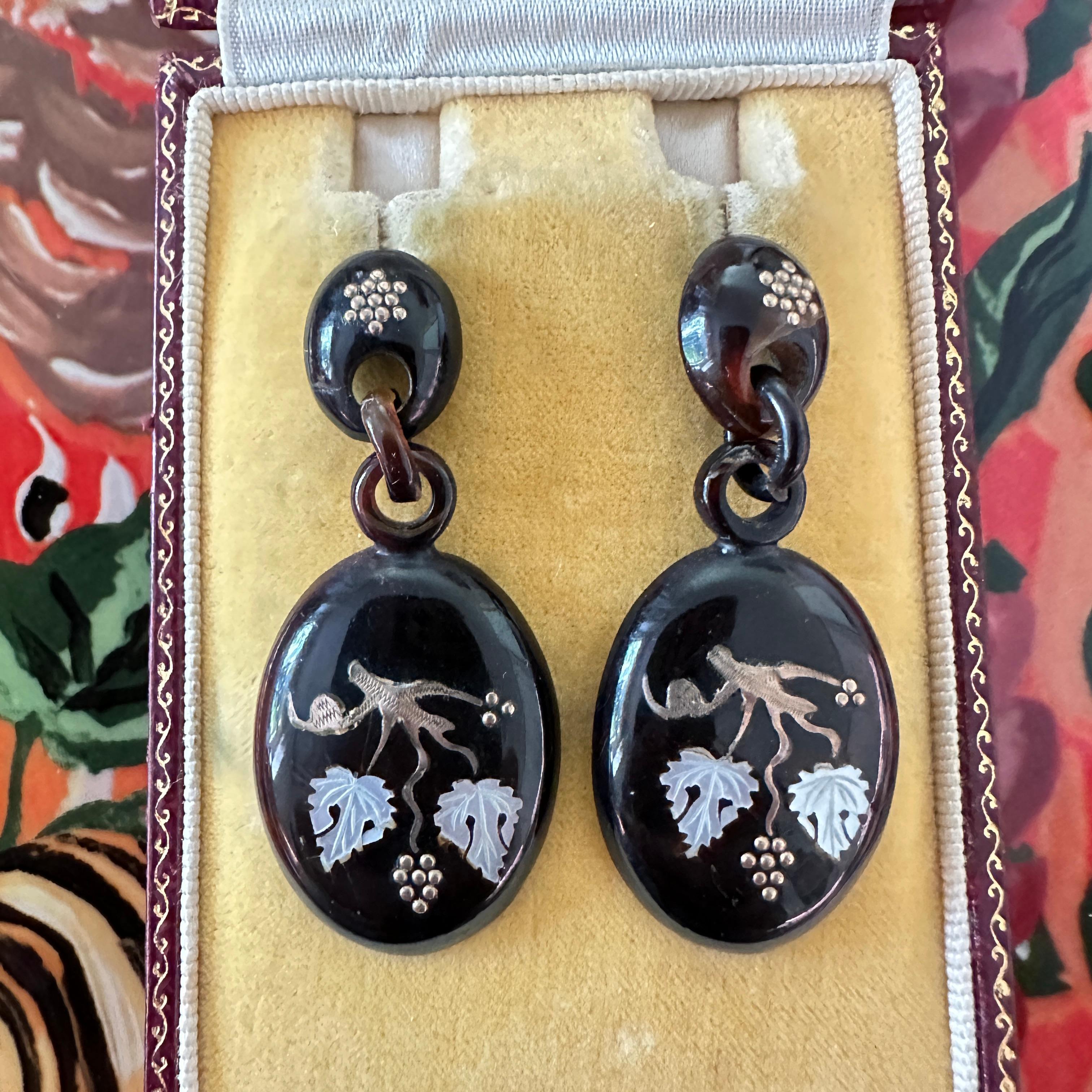 Victorian Large Inlay 9K Gold & Shell Earrings For Sale 9