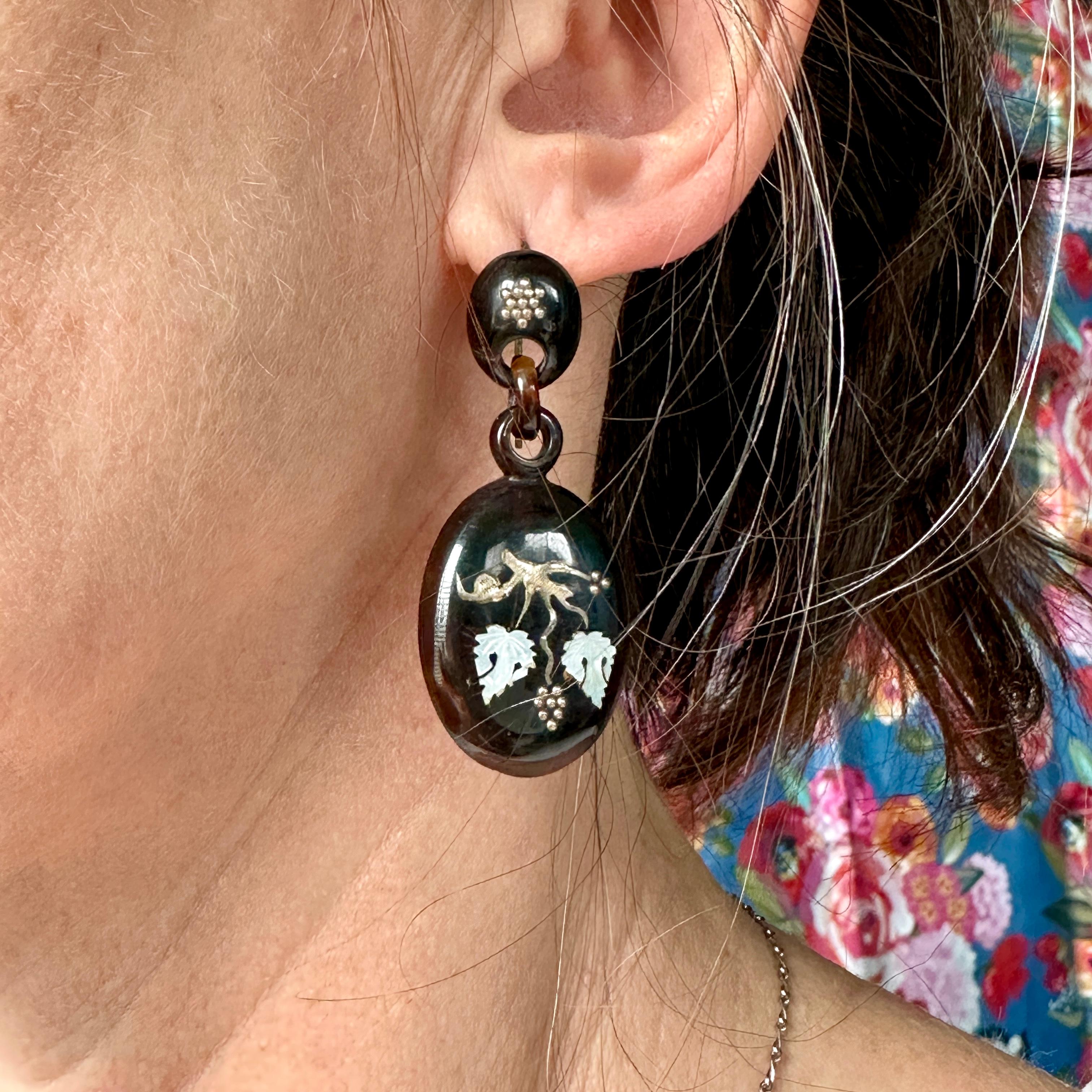 Victorian Large Inlay 9K Gold & Shell Earrings In Good Condition For Sale In Scotts Valley, CA