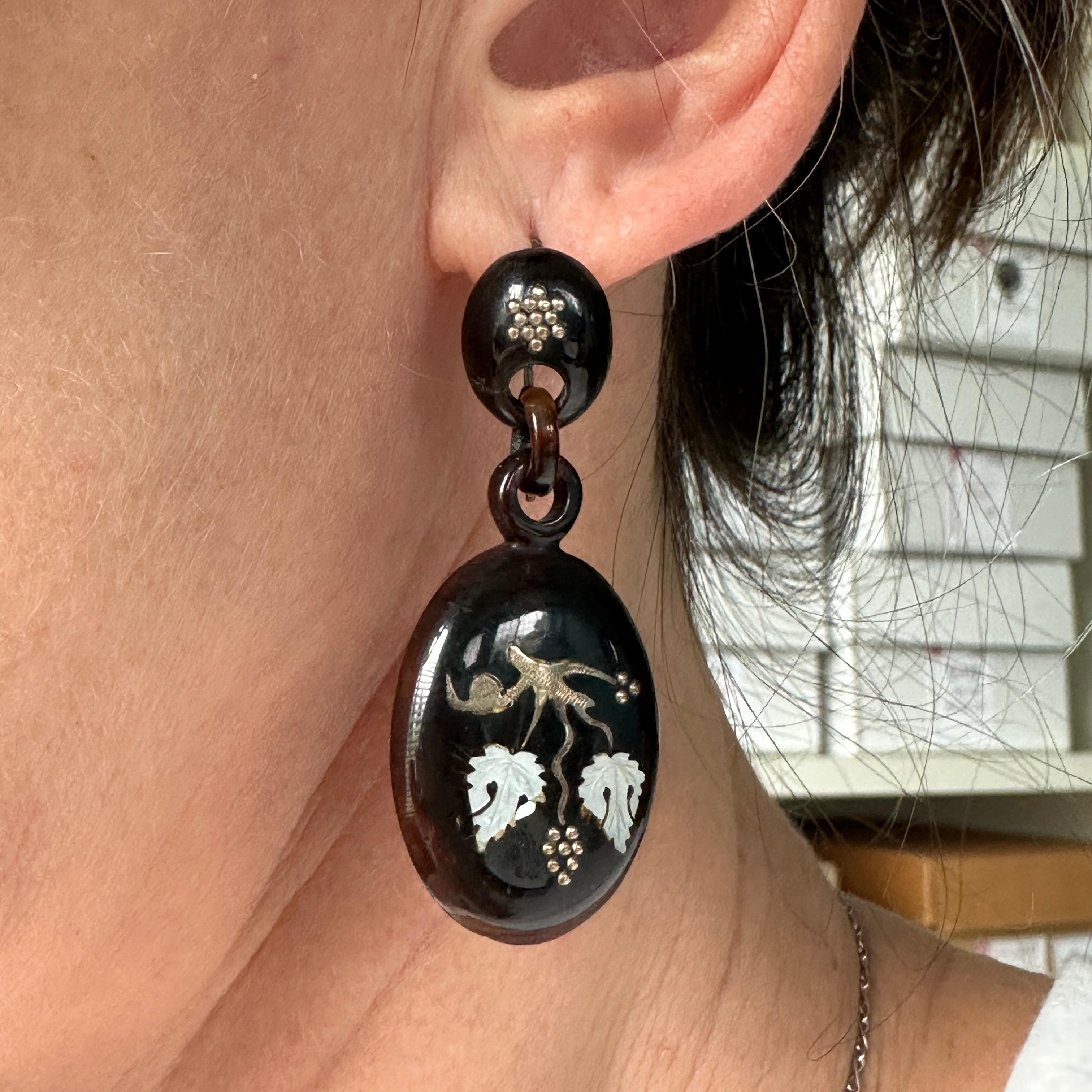 Women's Victorian Large Inlay 9K Gold & Shell Earrings For Sale