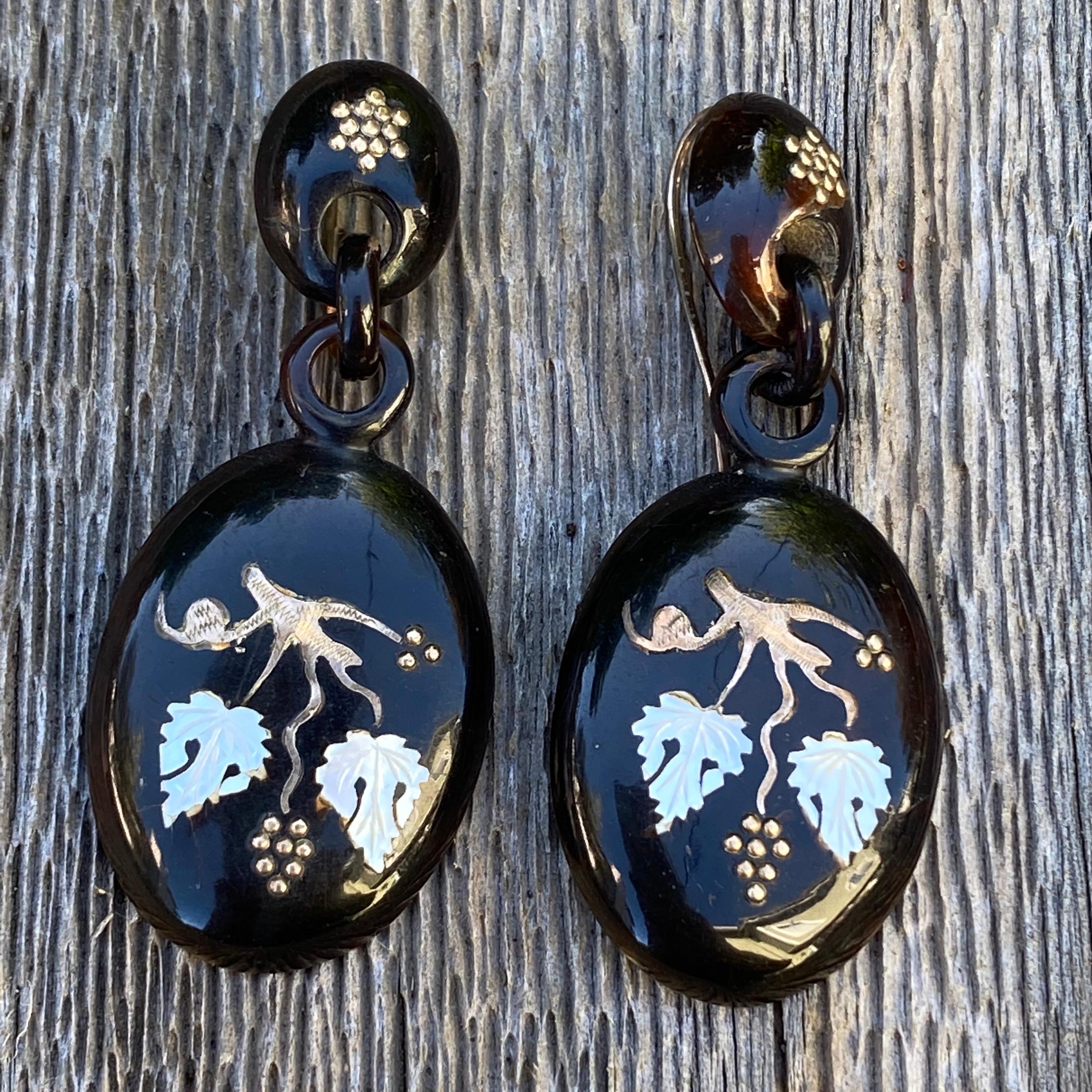Victorian Large Inlay 9K Gold & Shell Earrings For Sale 1