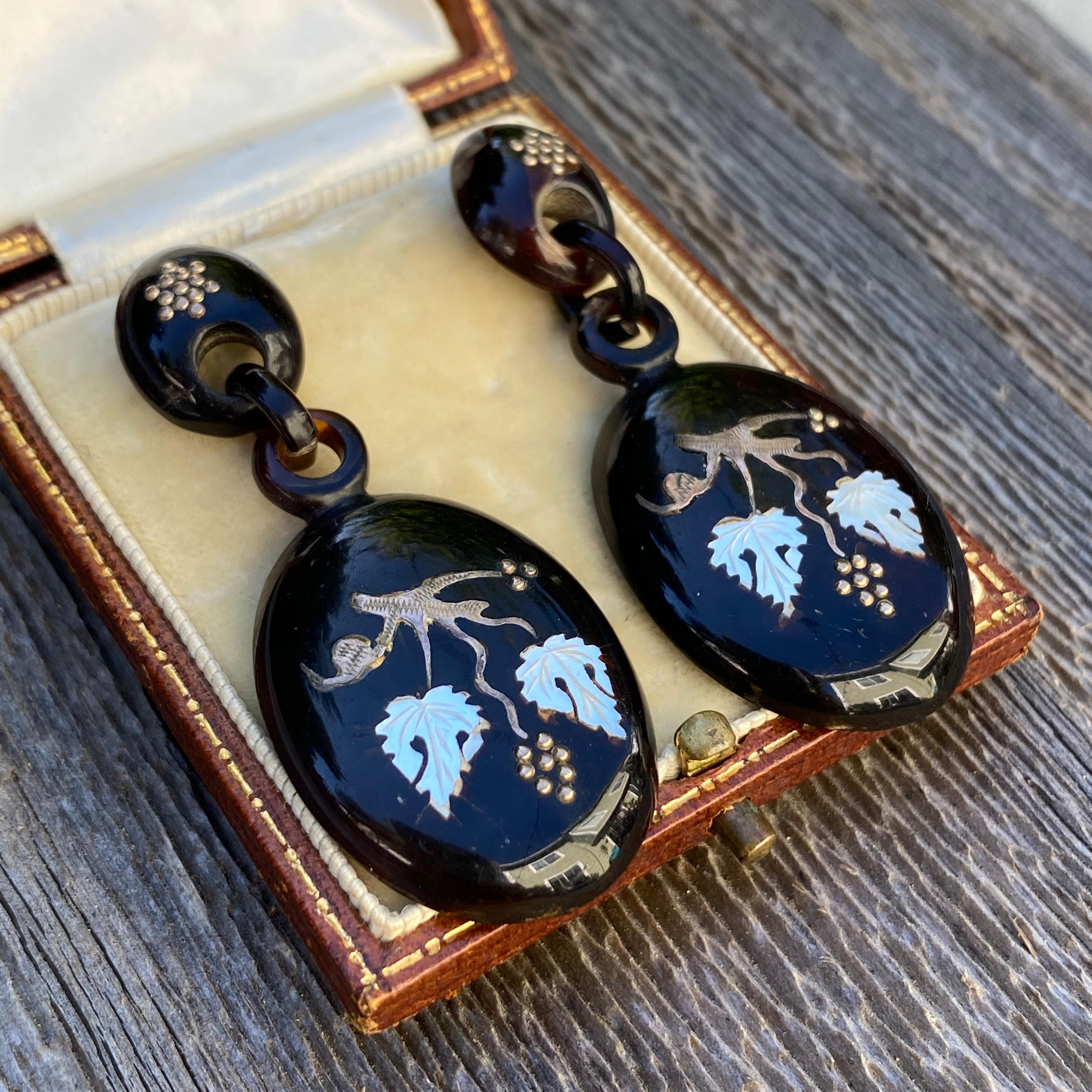 Victorian Large Inlay 9K Gold & Shell Earrings For Sale 2