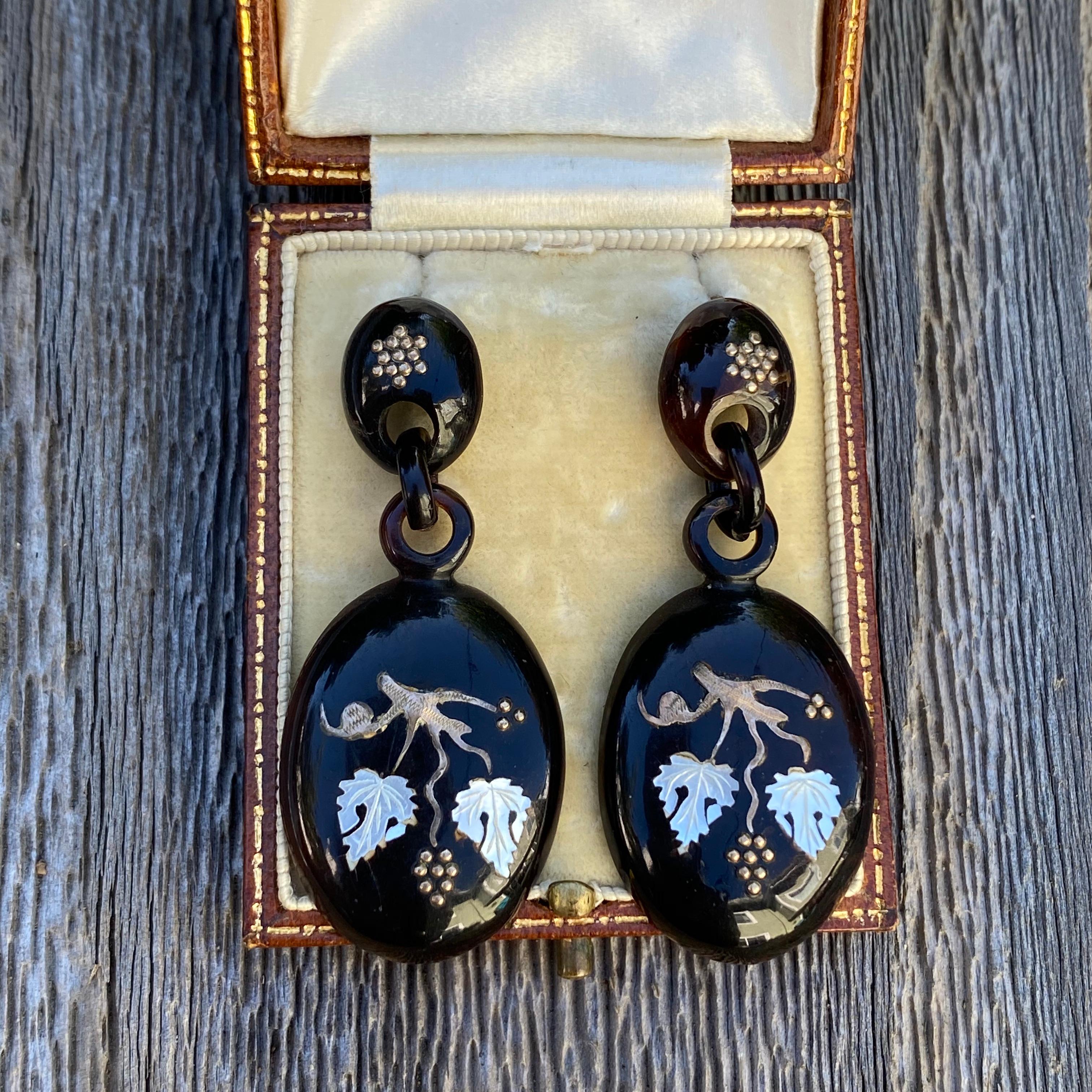 Victorian Large Inlay 9K Gold & Shell Earrings For Sale 3