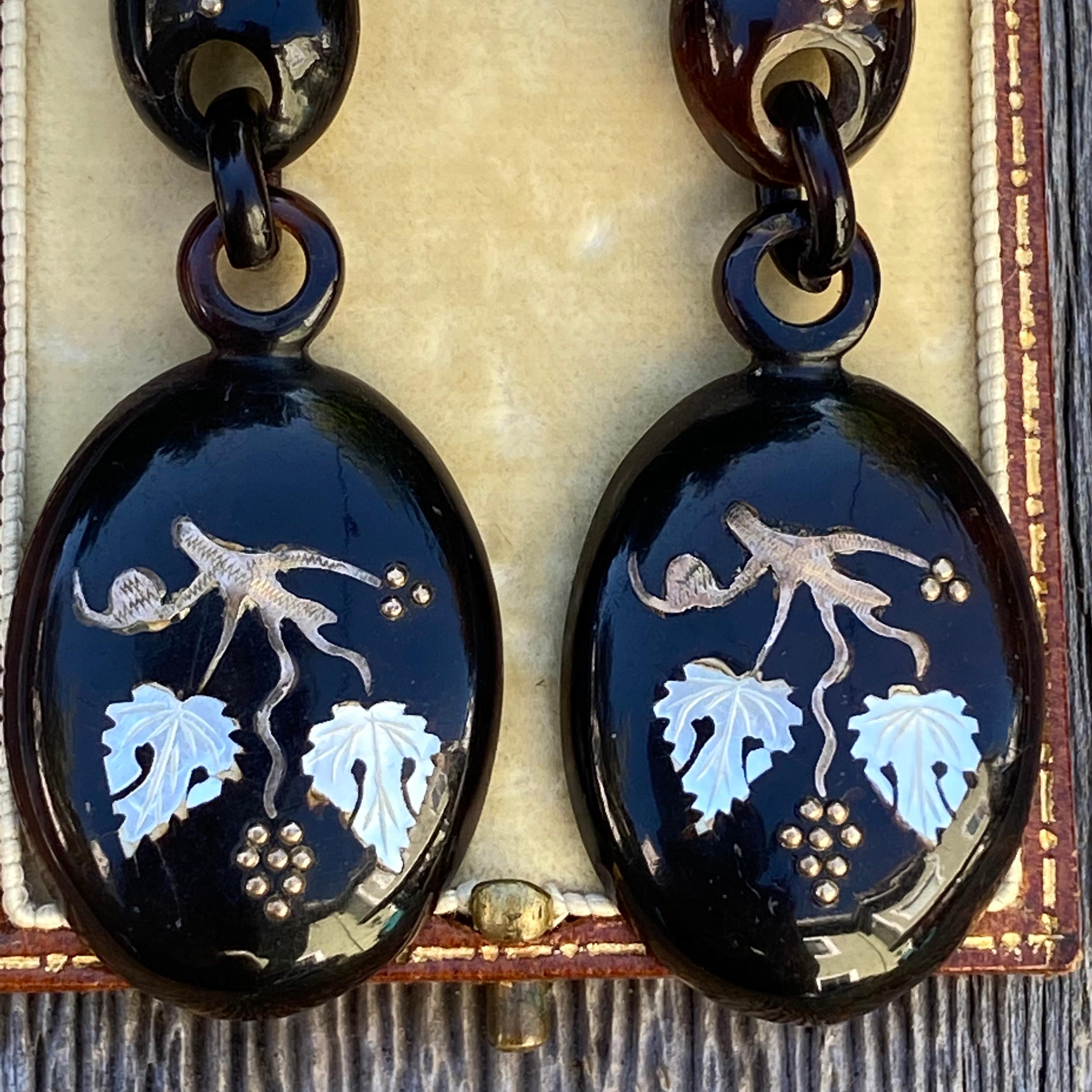 Victorian Large Inlay 9K Gold & Shell Earrings For Sale 4