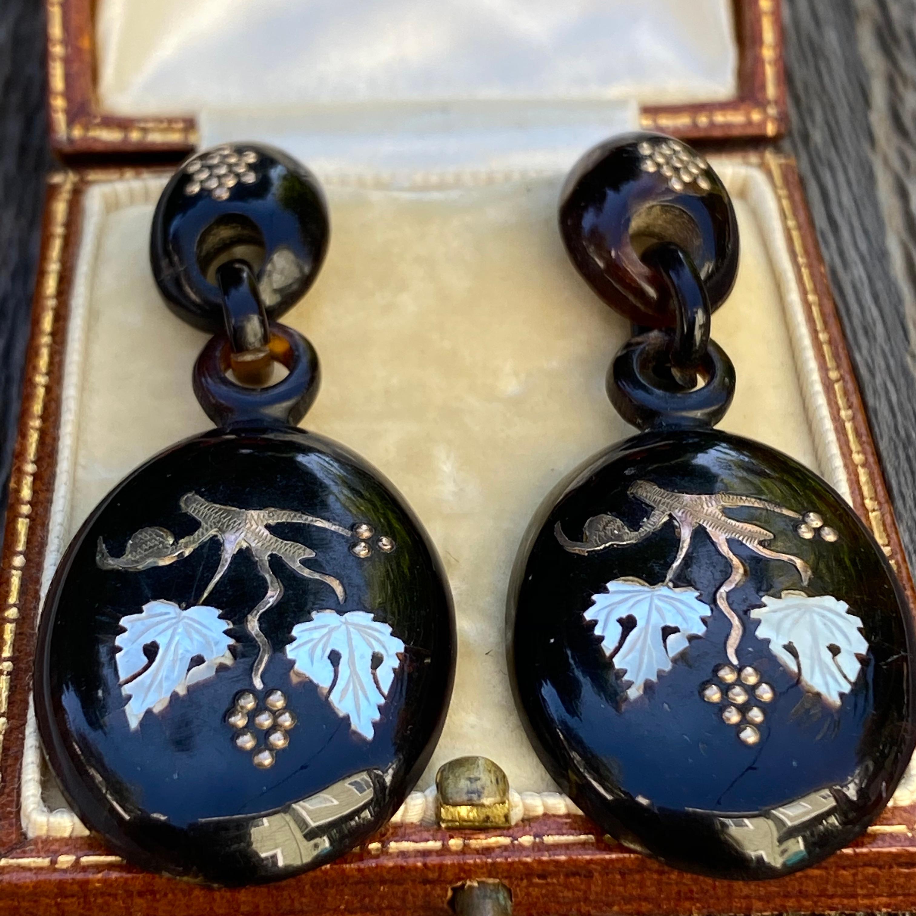 Victorian Large Inlay 9K Gold & Shell Earrings For Sale 5
