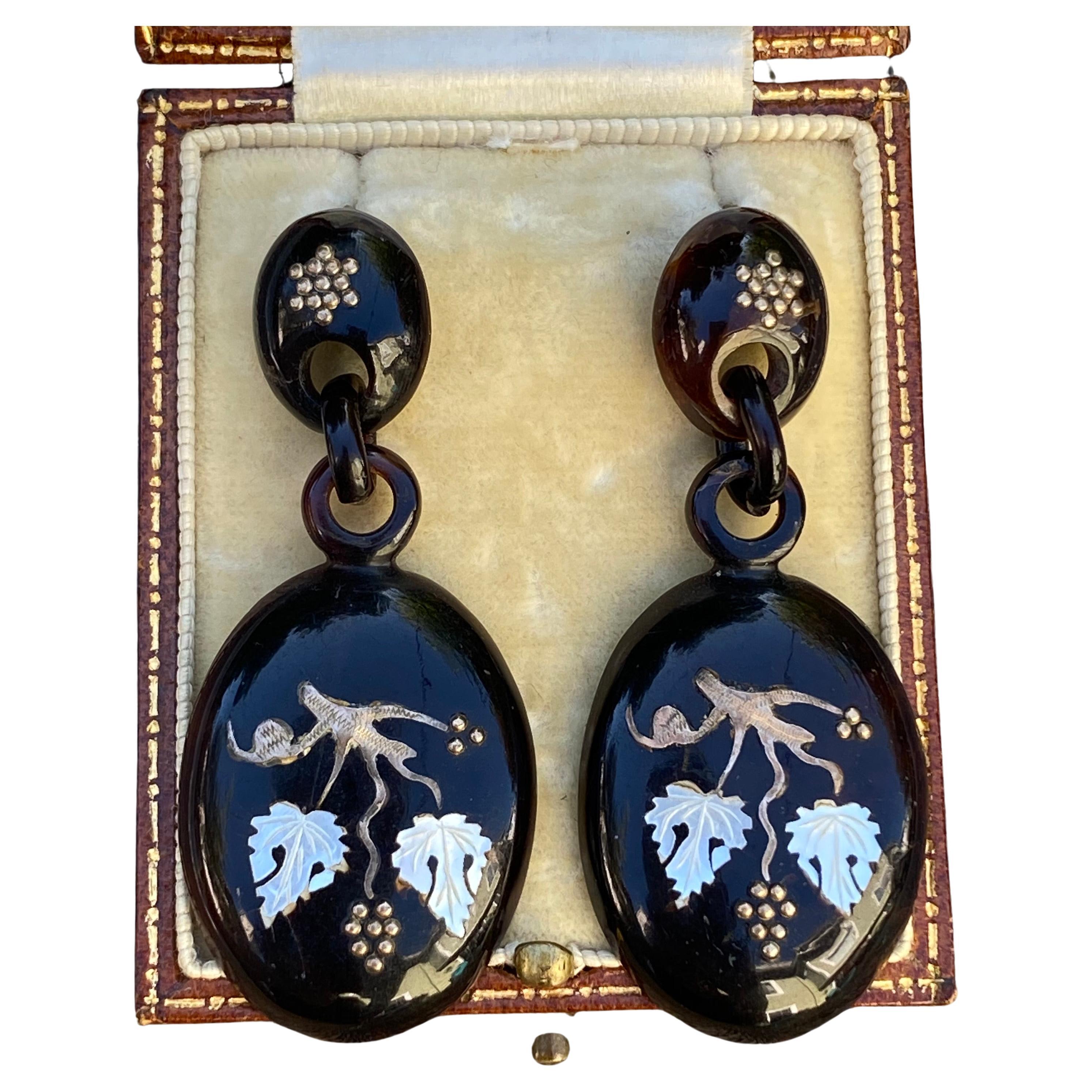 Victorian Large Inlay 9K Gold & Shell Earrings For Sale