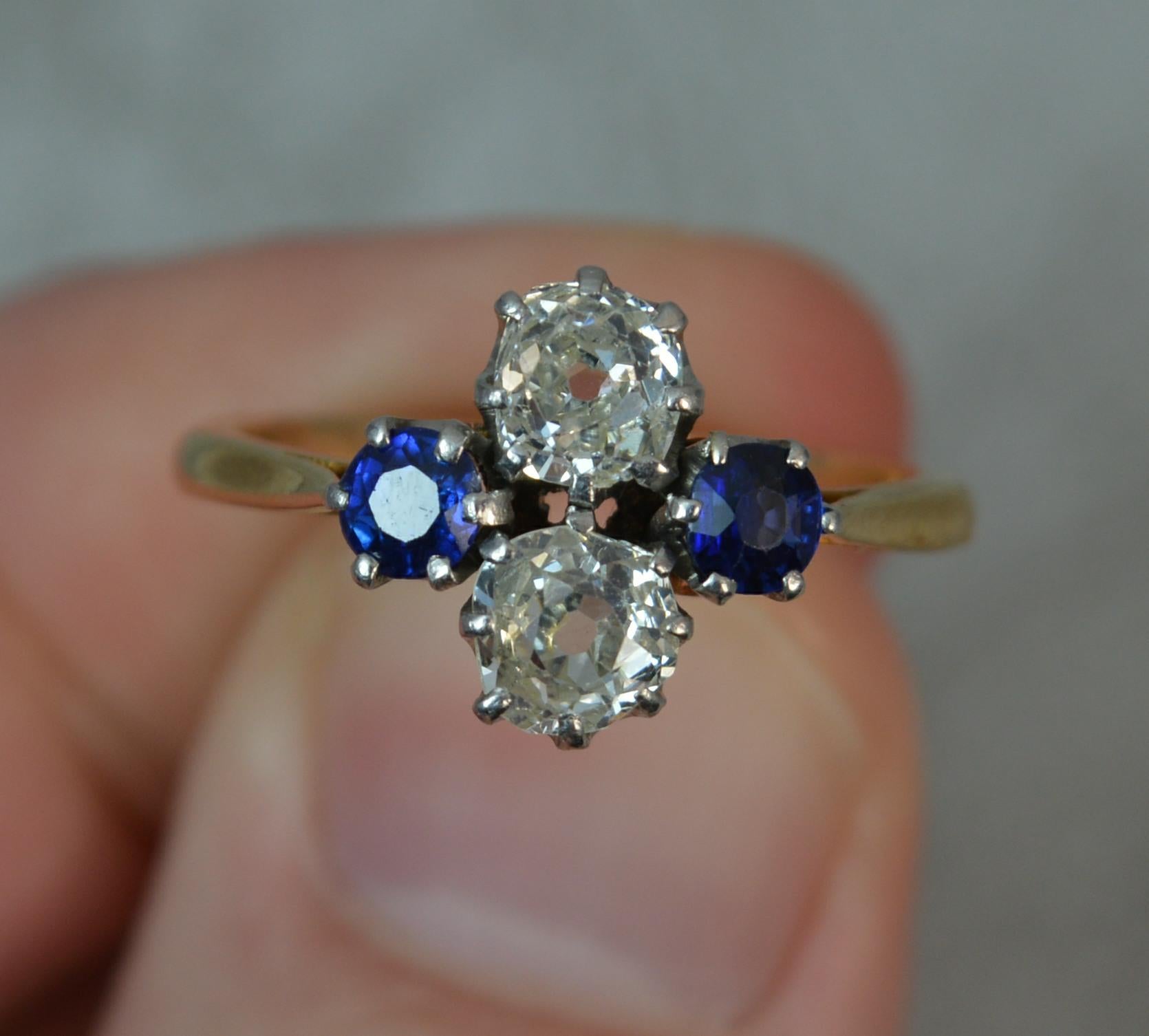 Women's Victorian Large Old Cut Diamond Sapphire 18 Carat Gold Ring