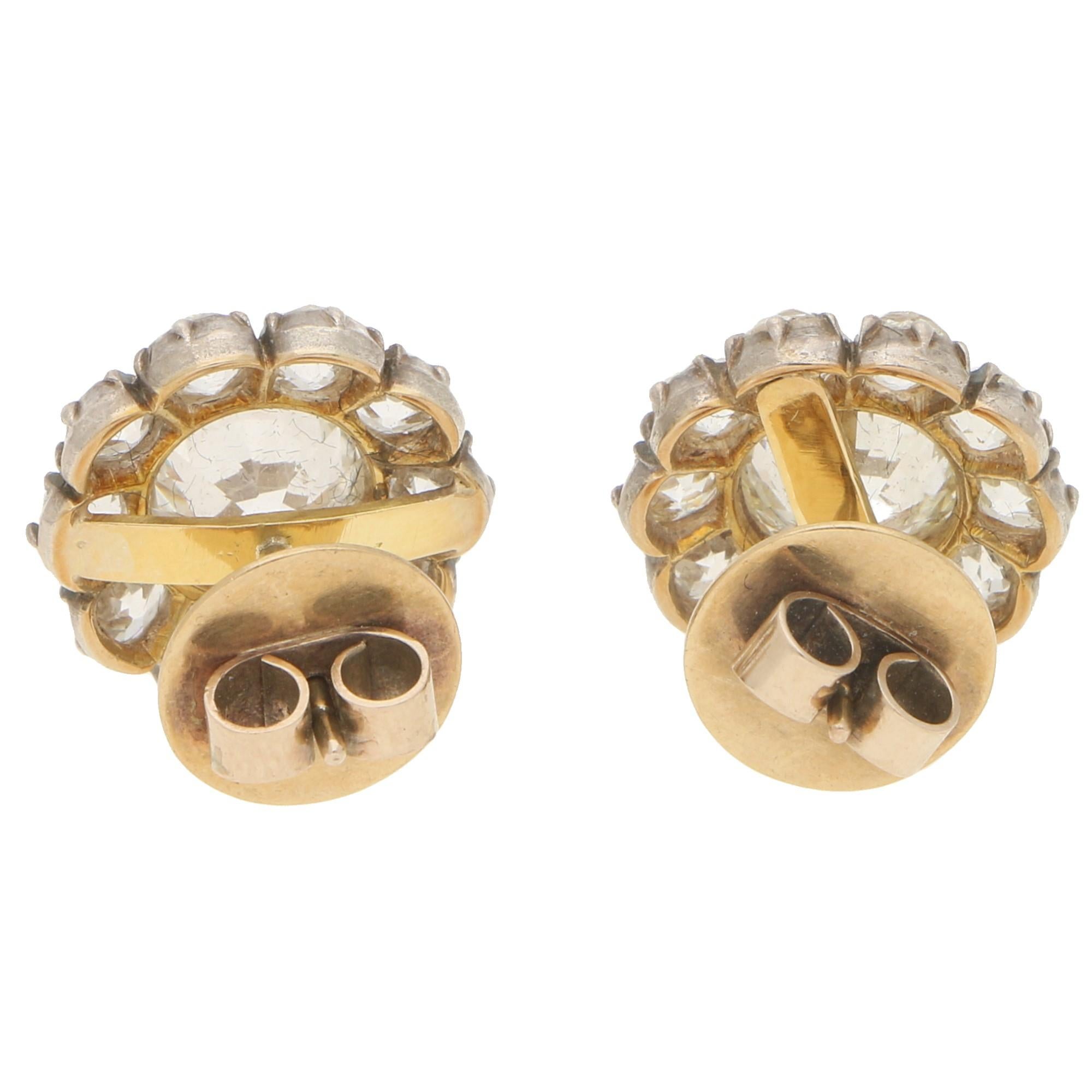 Women's or Men's Victorian Large Old Mine Cut Diamond Cluster Earrings in Silver on Gold