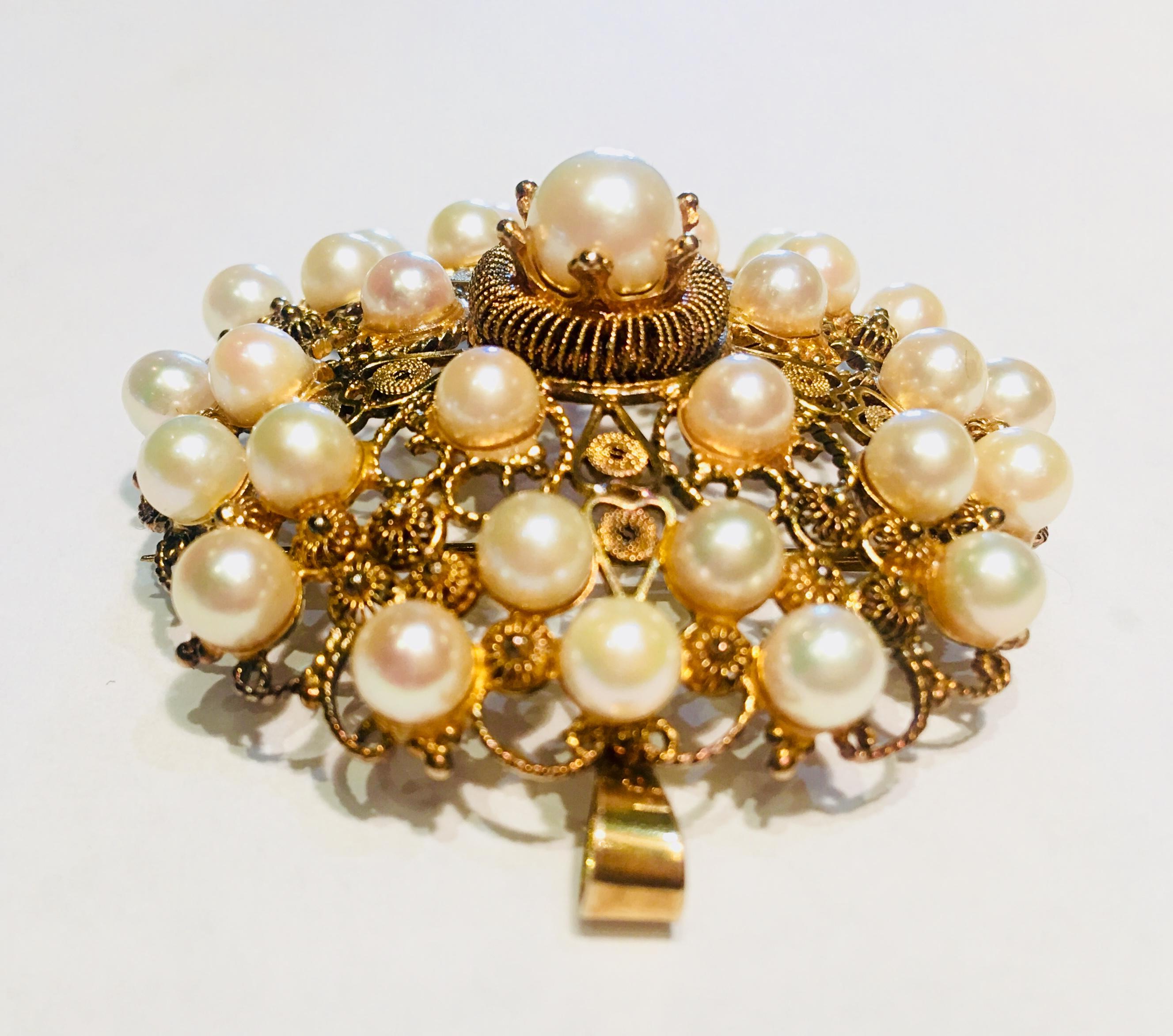 Round Cut Victorian Large Round Yellow Gold Filigree Pearl Brooch Pendant with Hinged Bale