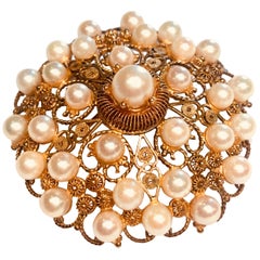 Victorian Large Round Yellow Gold Filigree Pearl Brooch Pendant with Hinged Bale